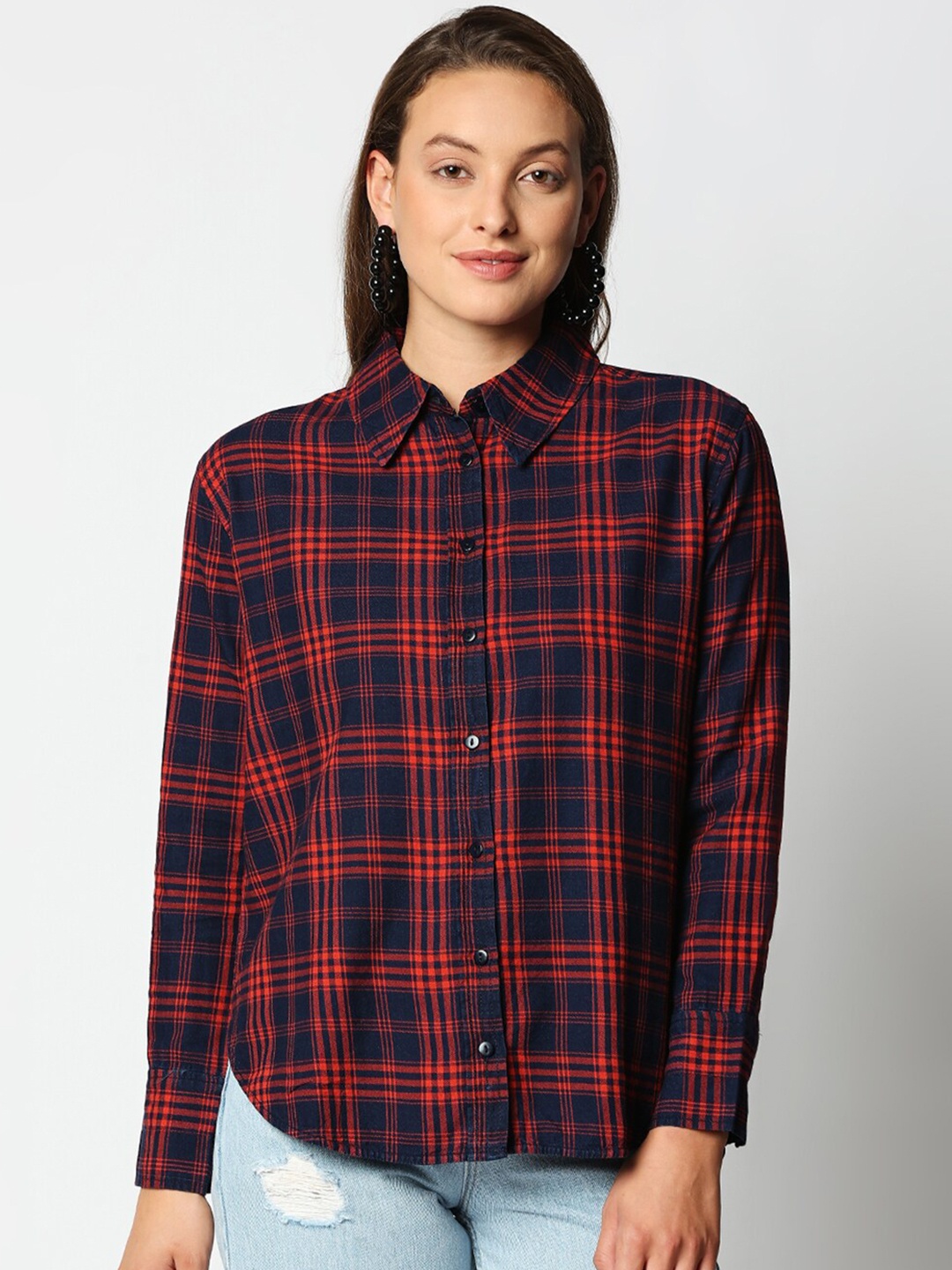 

Remanika Women Blue Comfort Tartan Checks Checked Casual Shirt