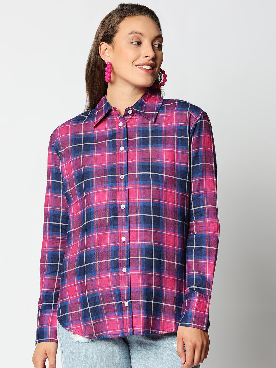 

Remanika Women Pink Comfort Tartan Checks Checked Casual Shirt