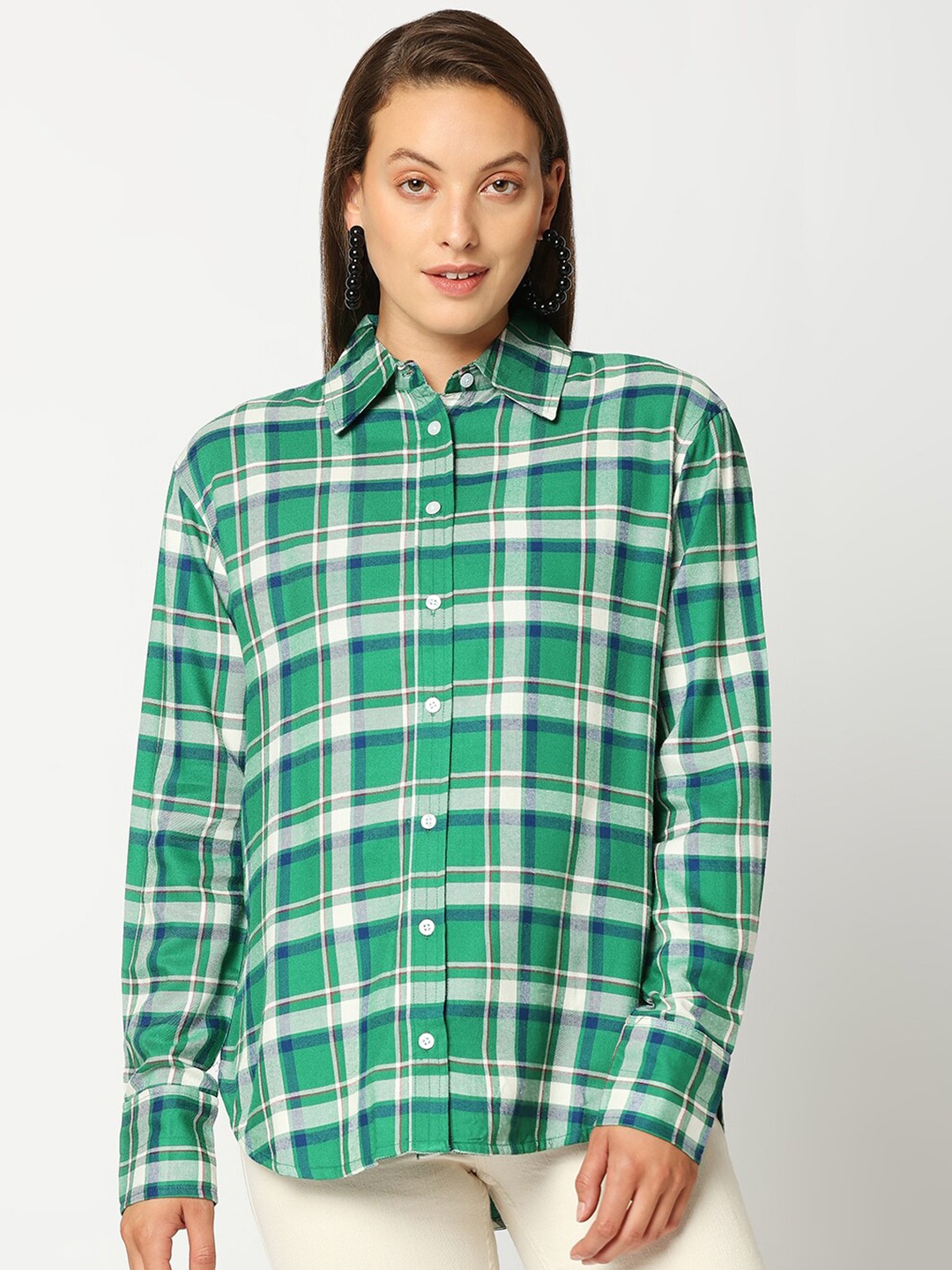 

Remanika Women Green Comfort Tartan Checks Checked Casual Shirt