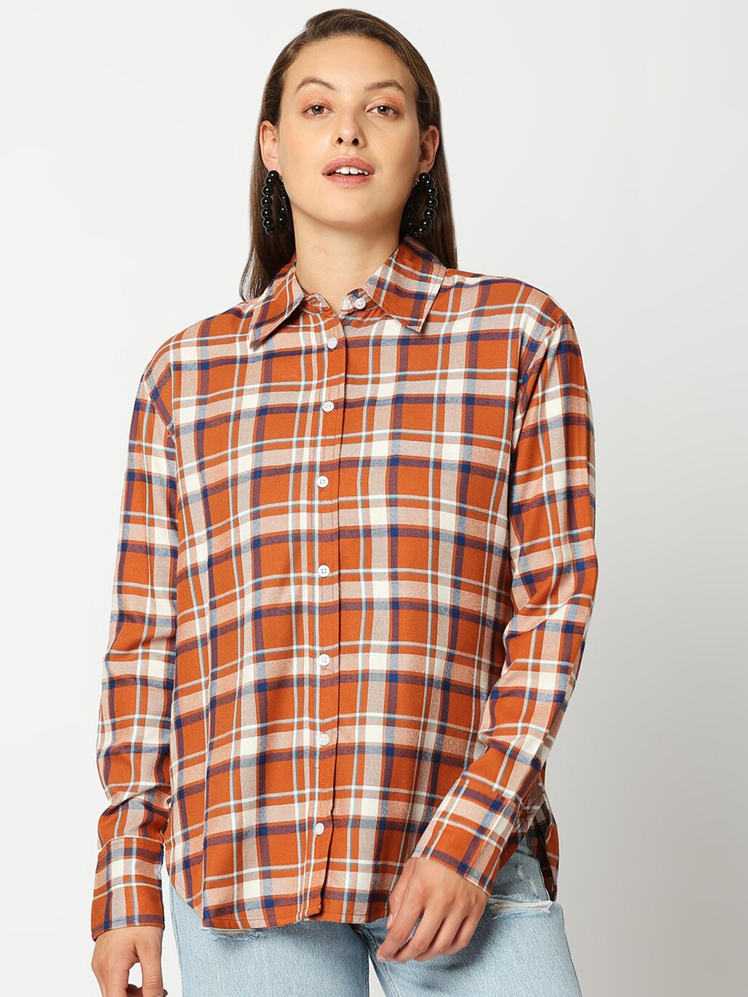 

Remanika Women Orange Comfort Tartan Checks Checked Casual Shirt