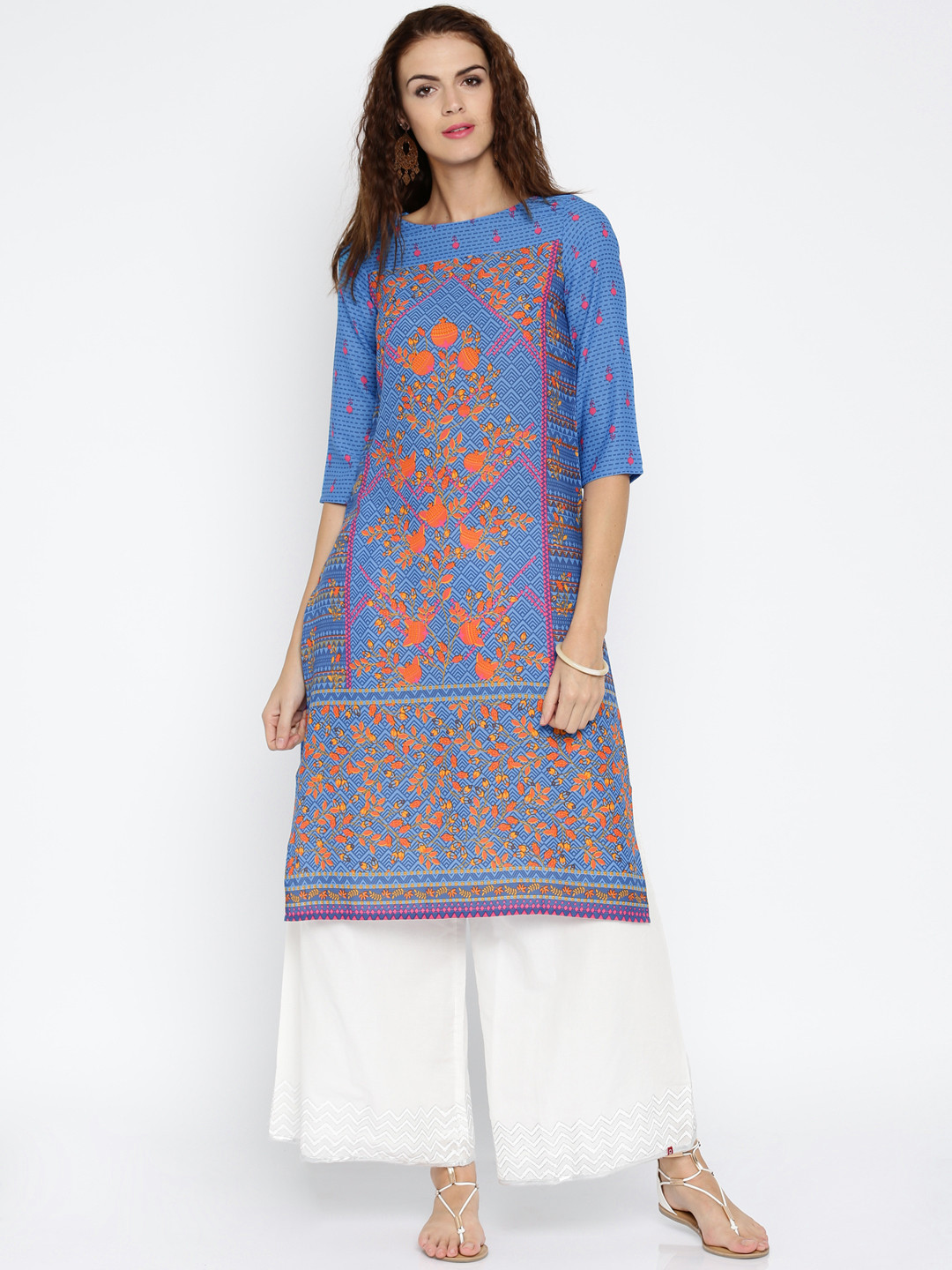 

Global Desi Women Blue & Orange Printed Straight Kurta