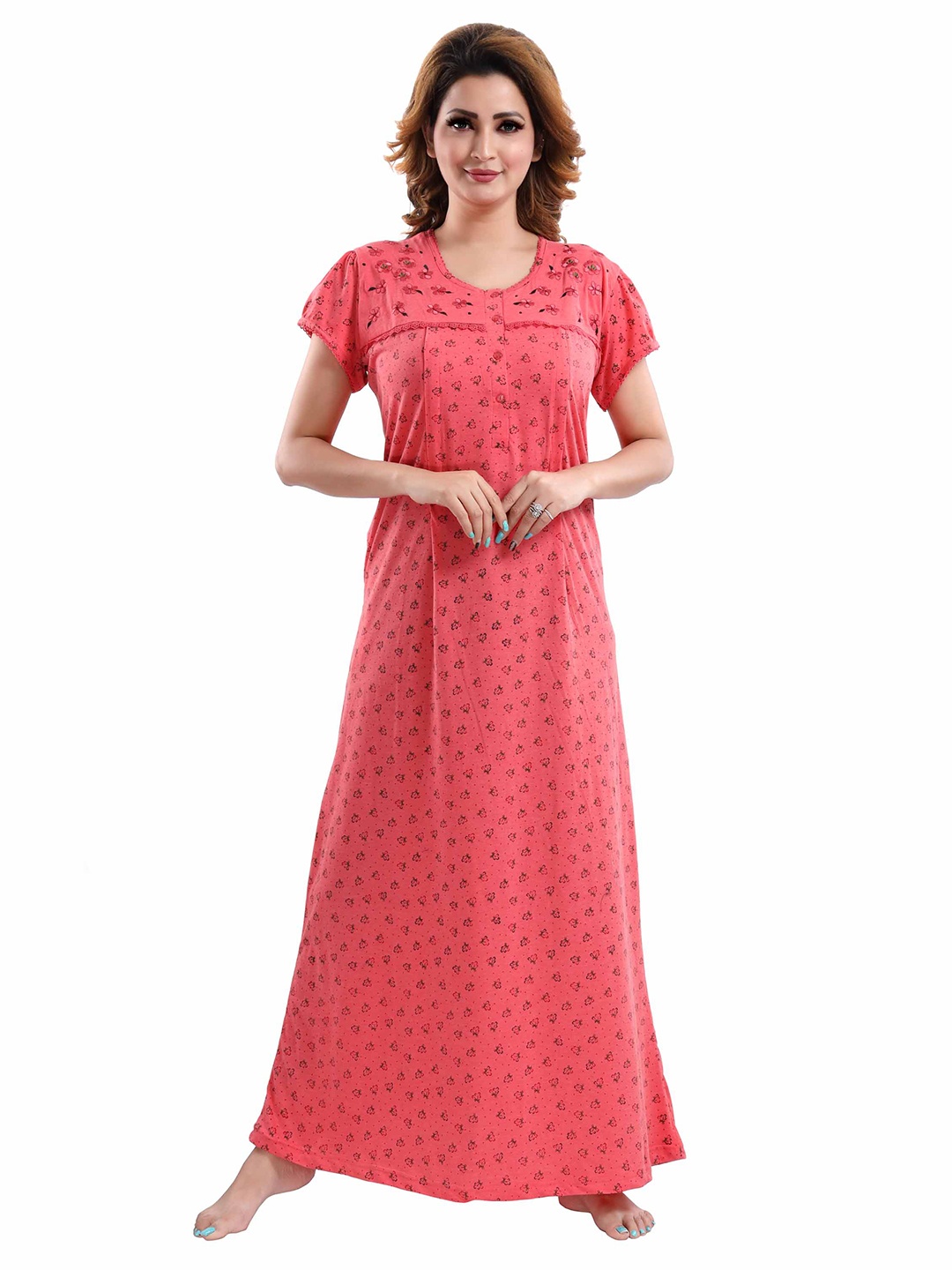 

9shines Label Peach-Coloured Printed Maxi Nightdress