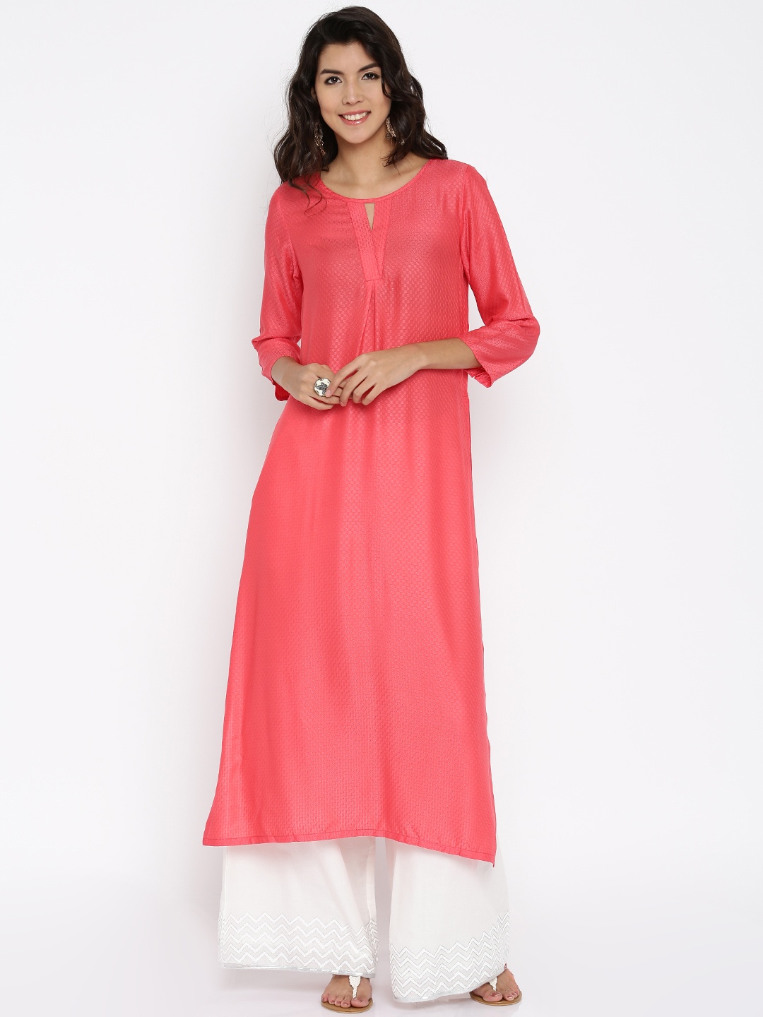 

Global Desi Women Coral Pink Woven Design Straight Kurta
