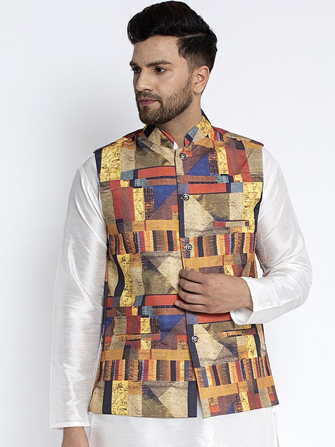 

Benstoke Men Yellow & Red Printed Woven Nehru Jacket