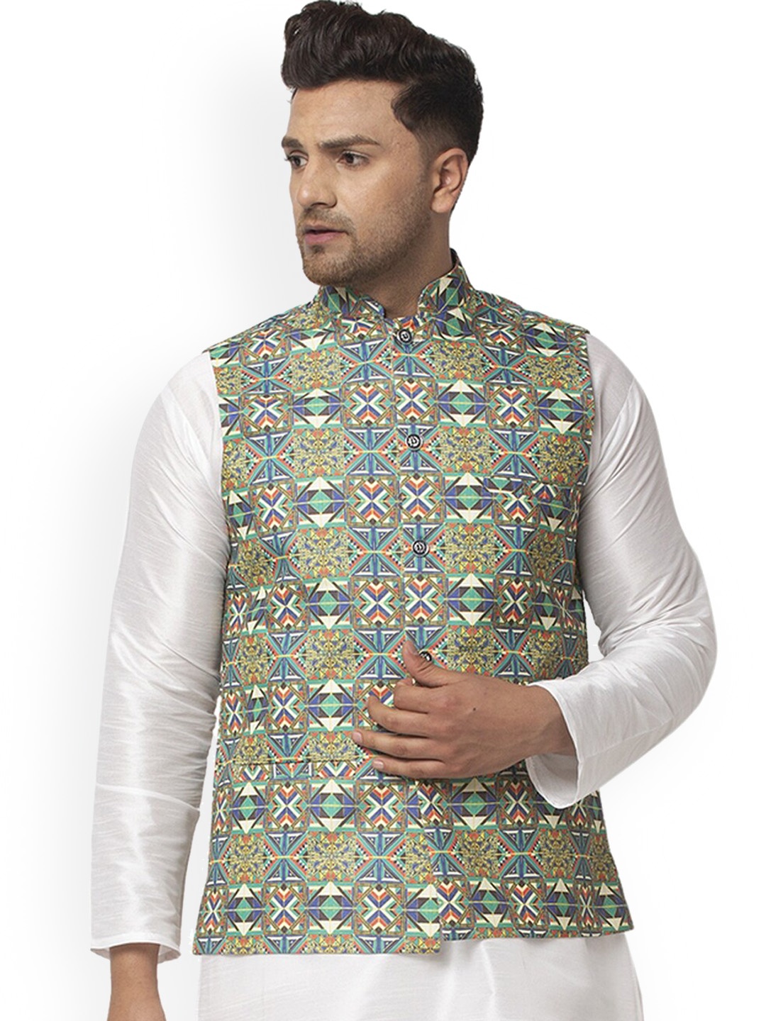 

Benstoke Men Green & Blue Printed Woven Nehru Jacket