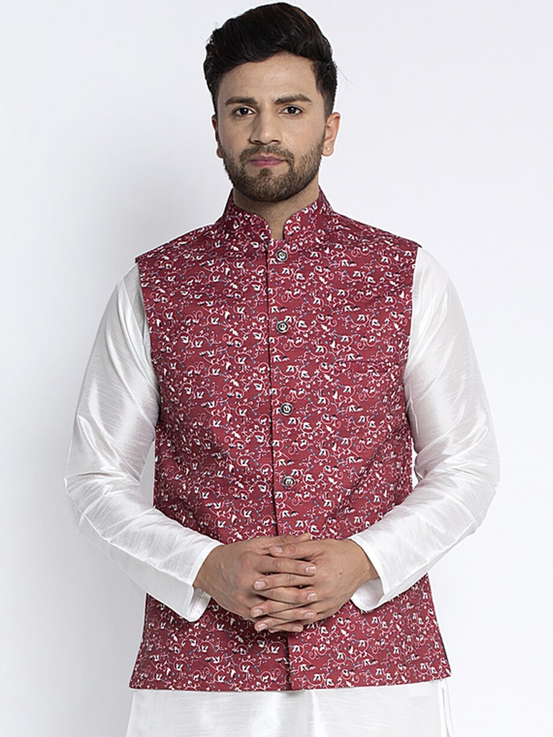 

Benstoke Men Maroon & White Printed Woven Nehru Jacket, Multi