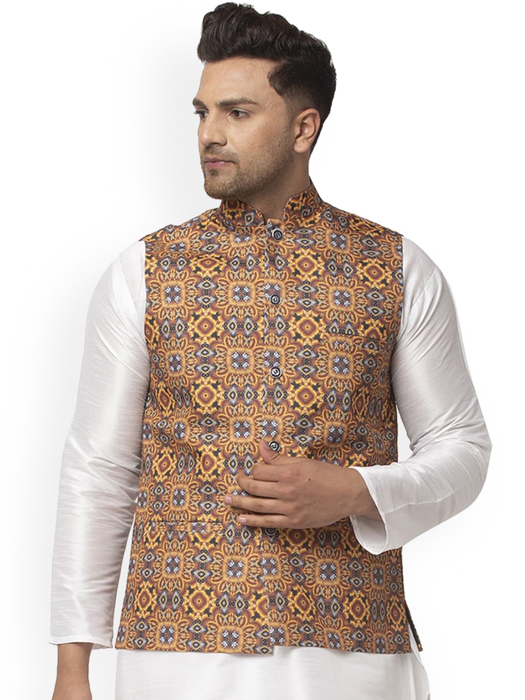 

Benstoke Men Mustard-Yellow & Grey Printed Woven Nehru Jacket