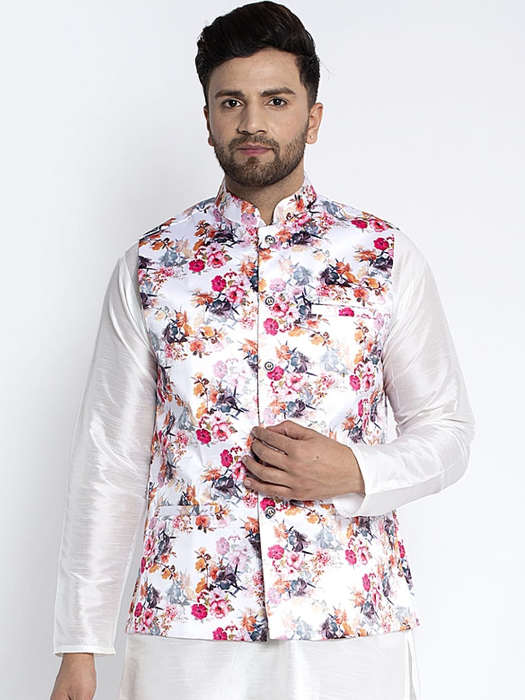 

Benstoke Men White & Pink Printed Woven Nehru Jacket