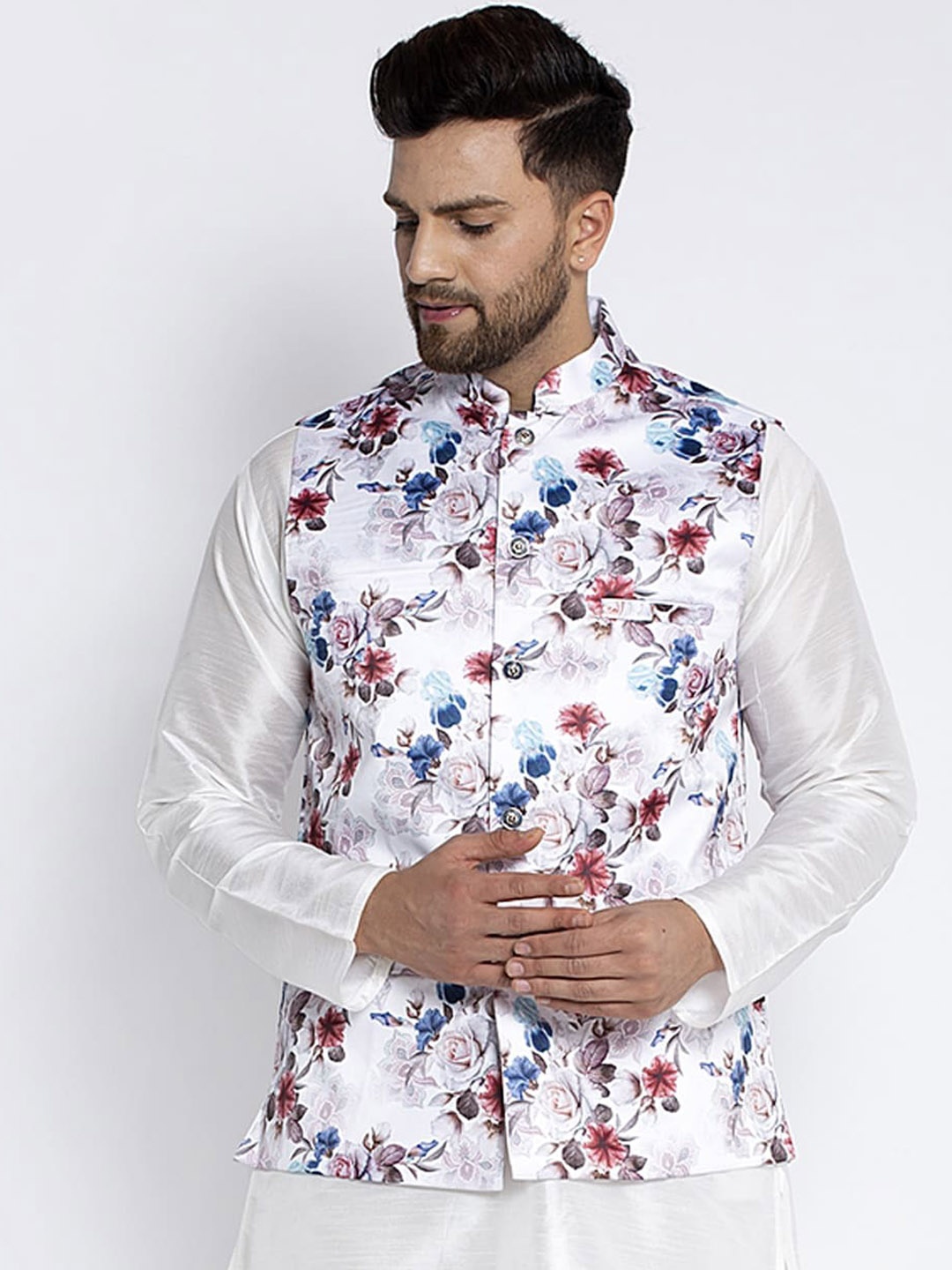 

Benstoke Men White & Blue Printed Woven Nehru Jacket