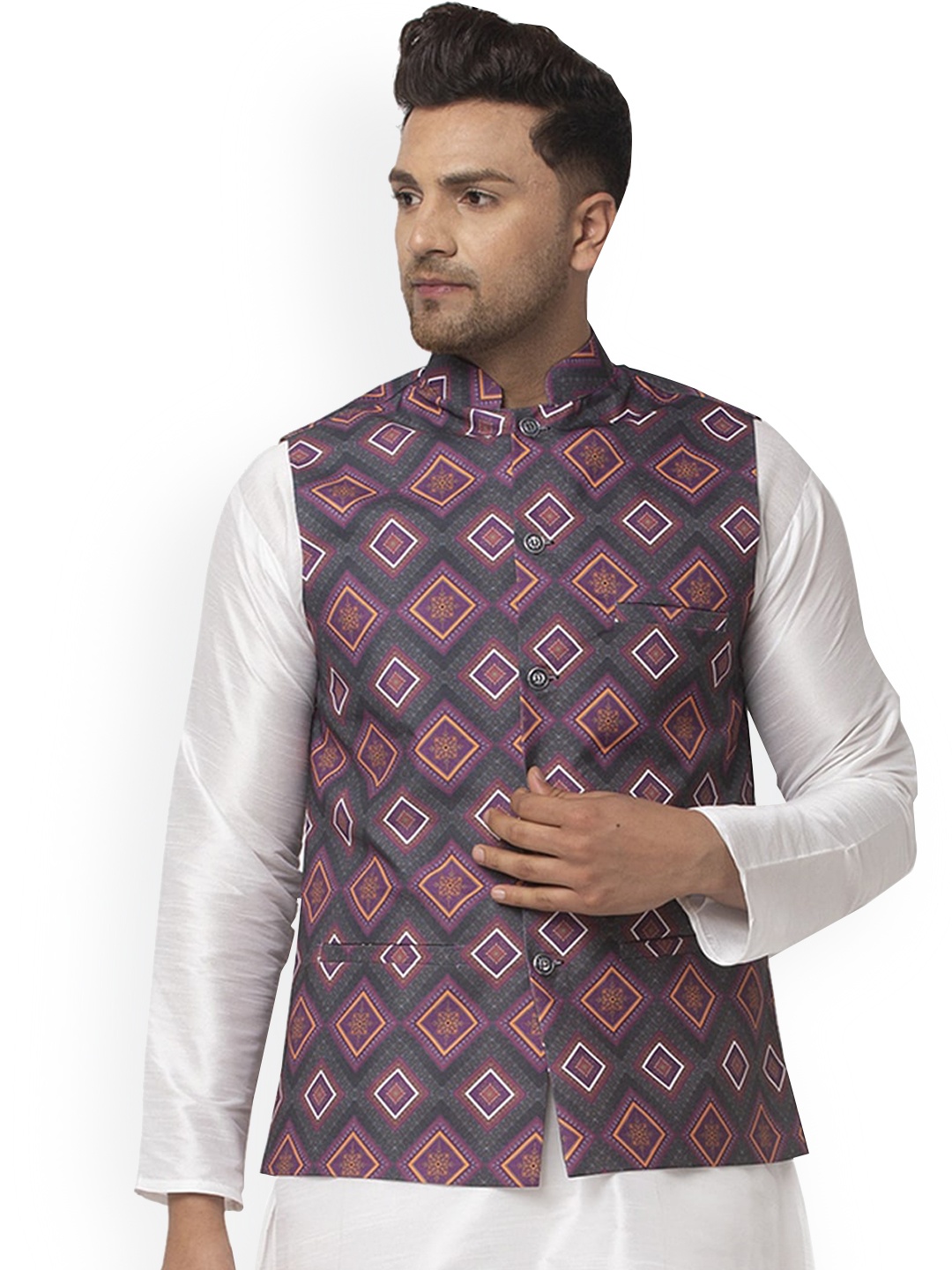 

Benstoke Men Grey & Purple Printed Woven Nehru Jackets