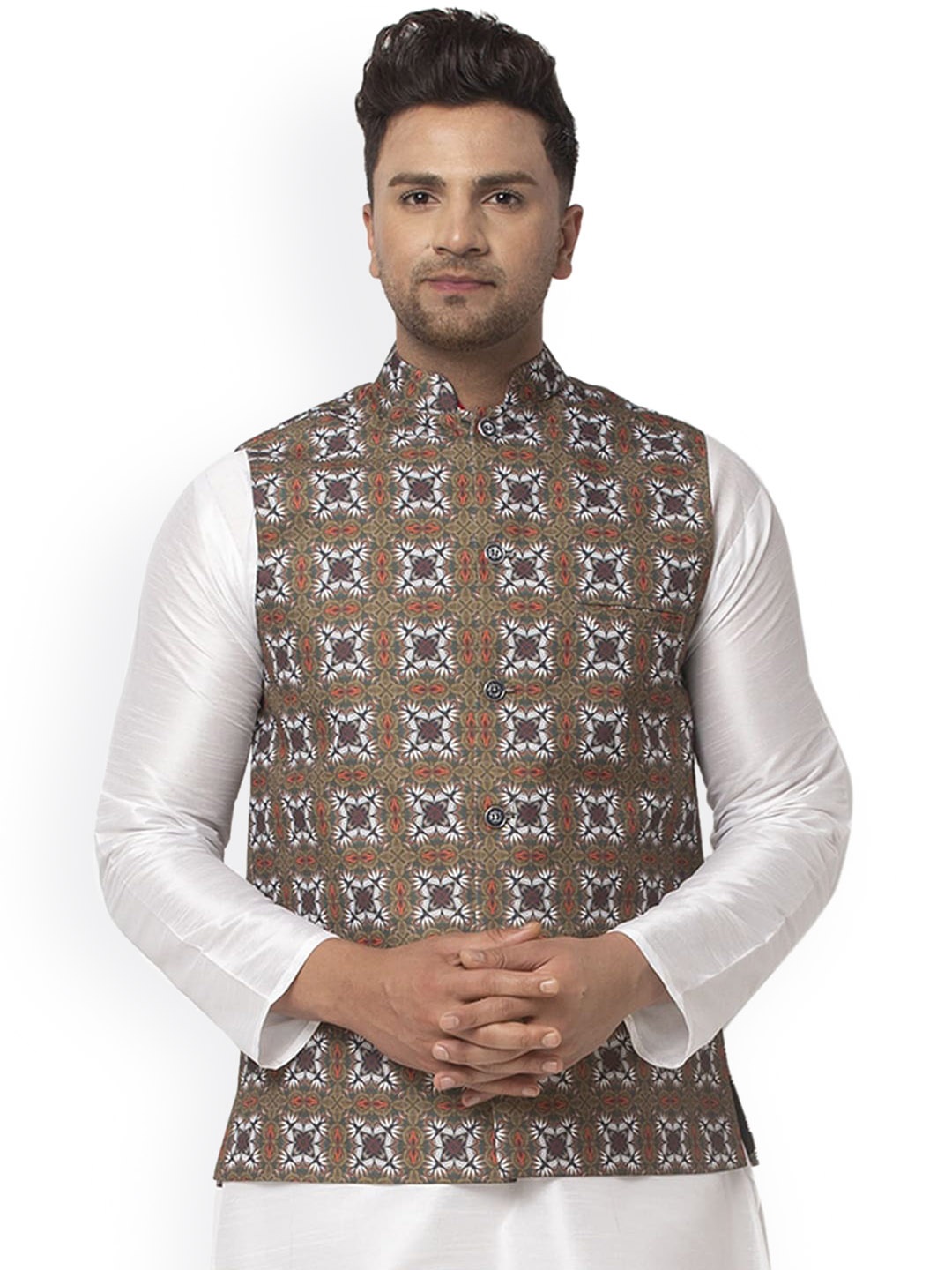 

Benstoke Men Brown & White Printed Woven Nehru Jacket