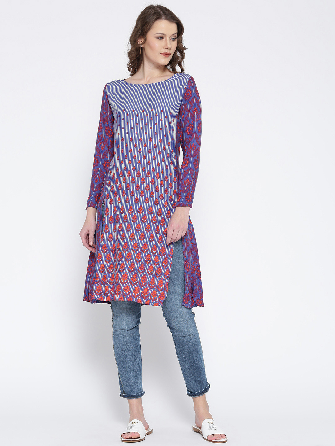 

Global Desi Women Blue & Orange Printed Straight Kurta
