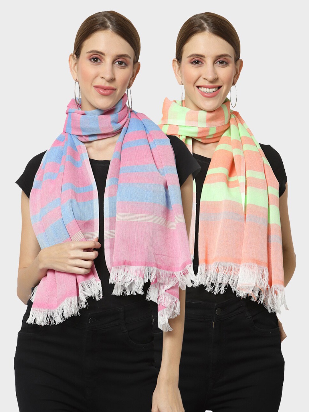 

KLOTTHE Women Set of 2 Pure Cotton Striped Stole, Blue