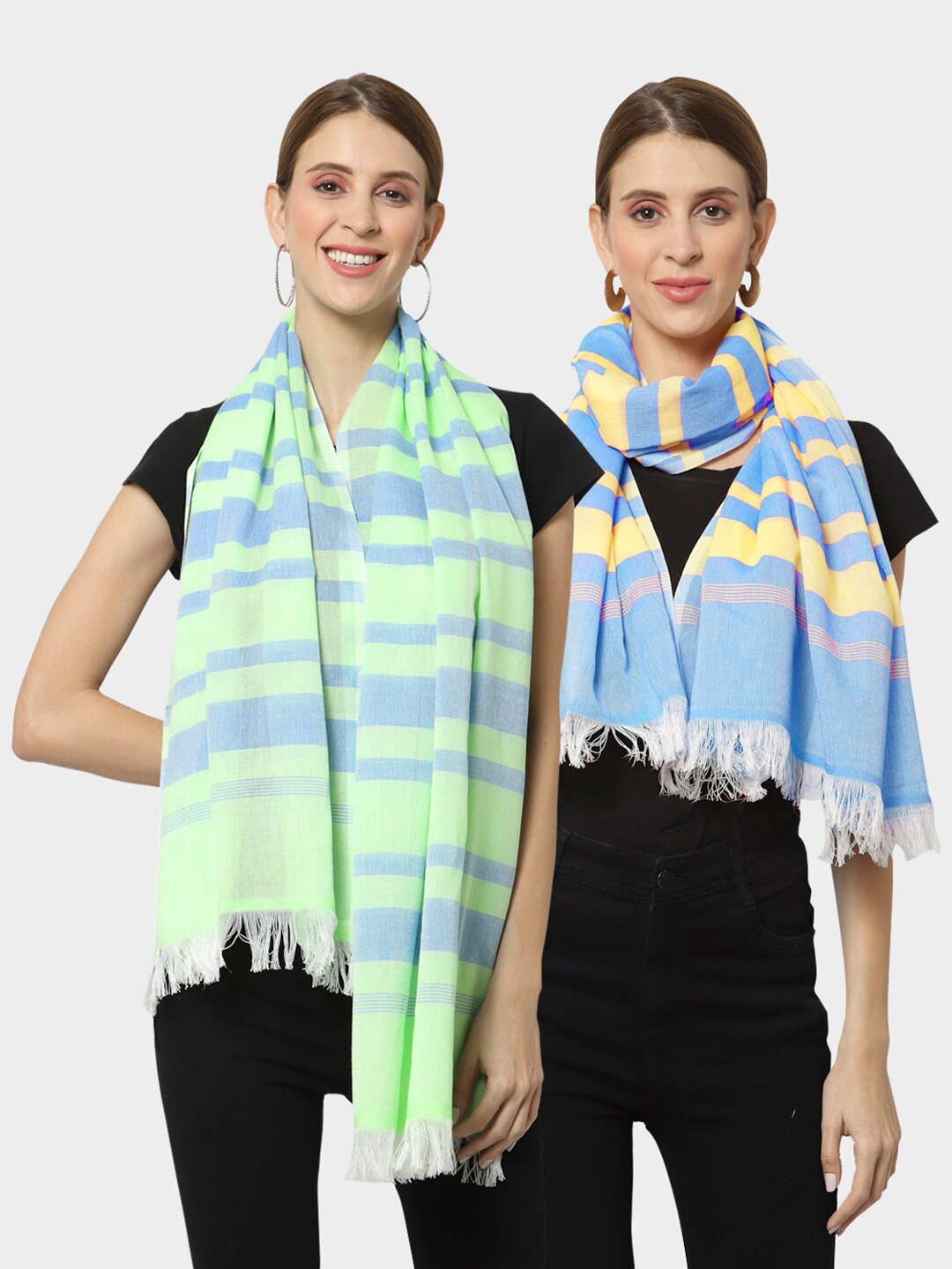 

KLOTTHE Women Set of 2 Pure Cotton Striped Stole, Green