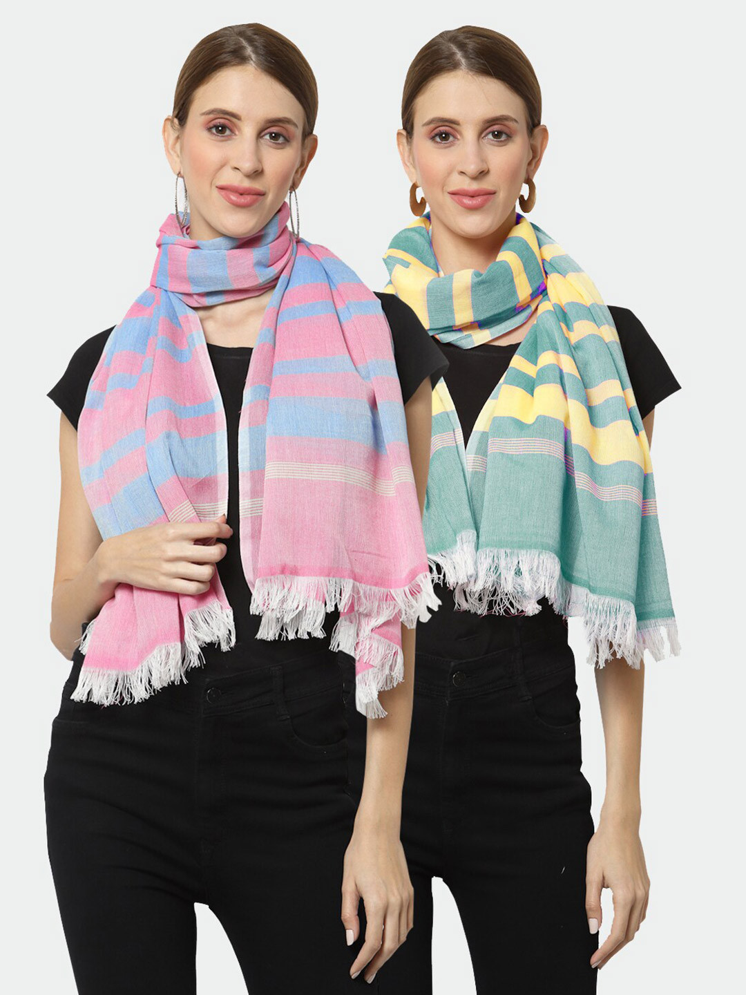 

KLOTTHE Set of 2 Pure Cotton Striped Stole, Green
