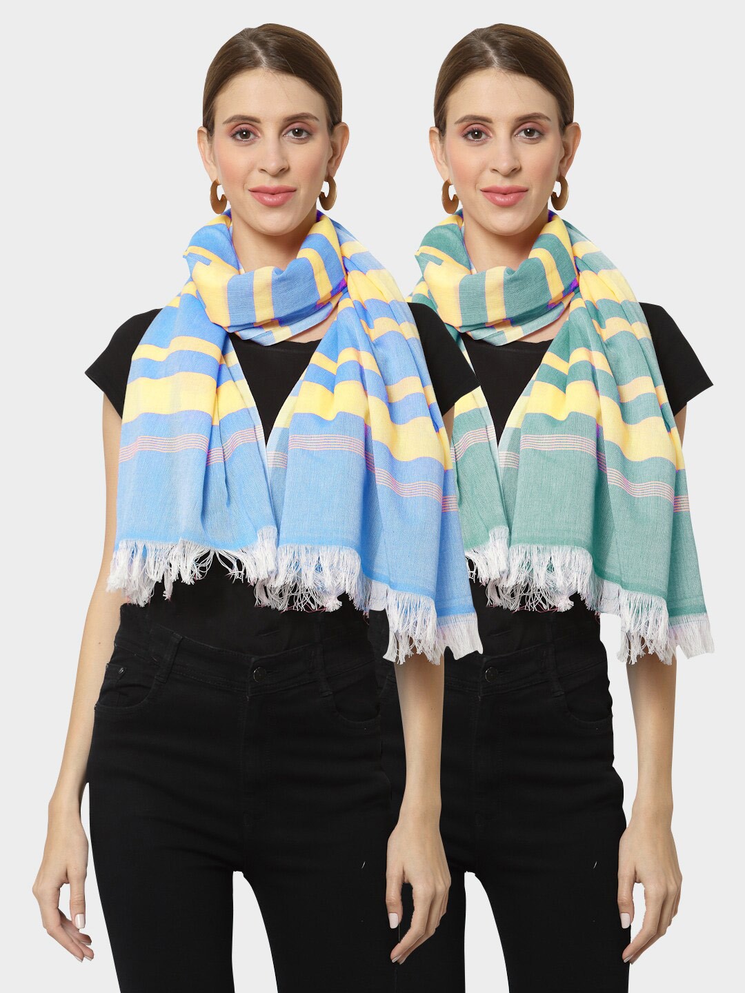 

KLOTTHE Set of 2 Pure Cotton Striped Stole, Green