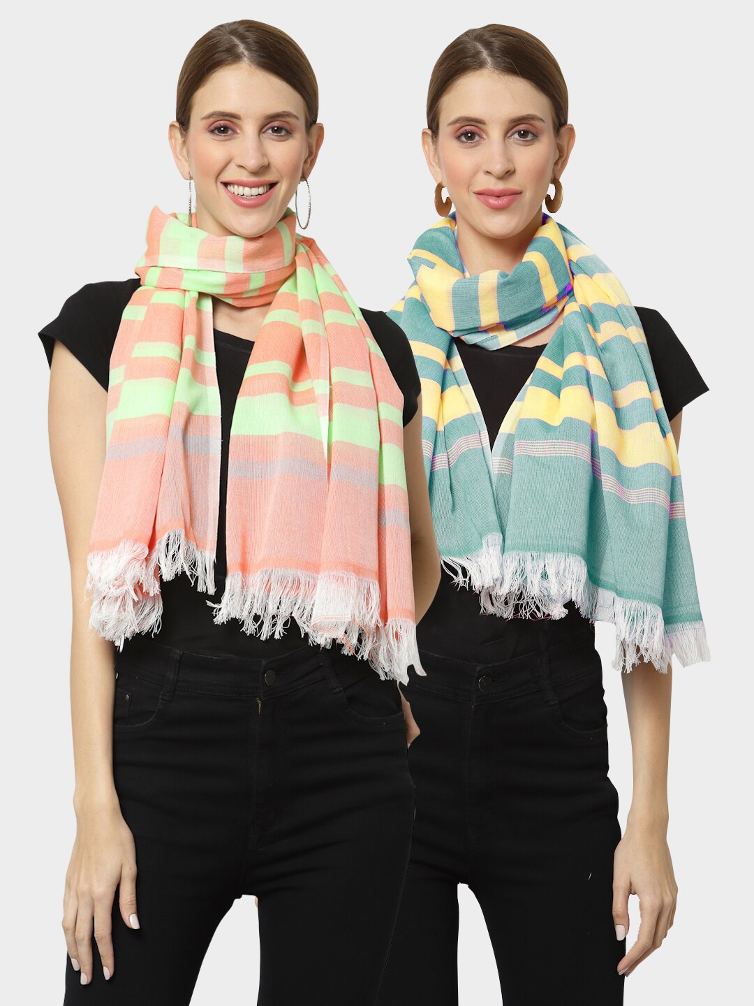 

KLOTTHE Set of 2 Pure Cotton Striped Stole, Green
