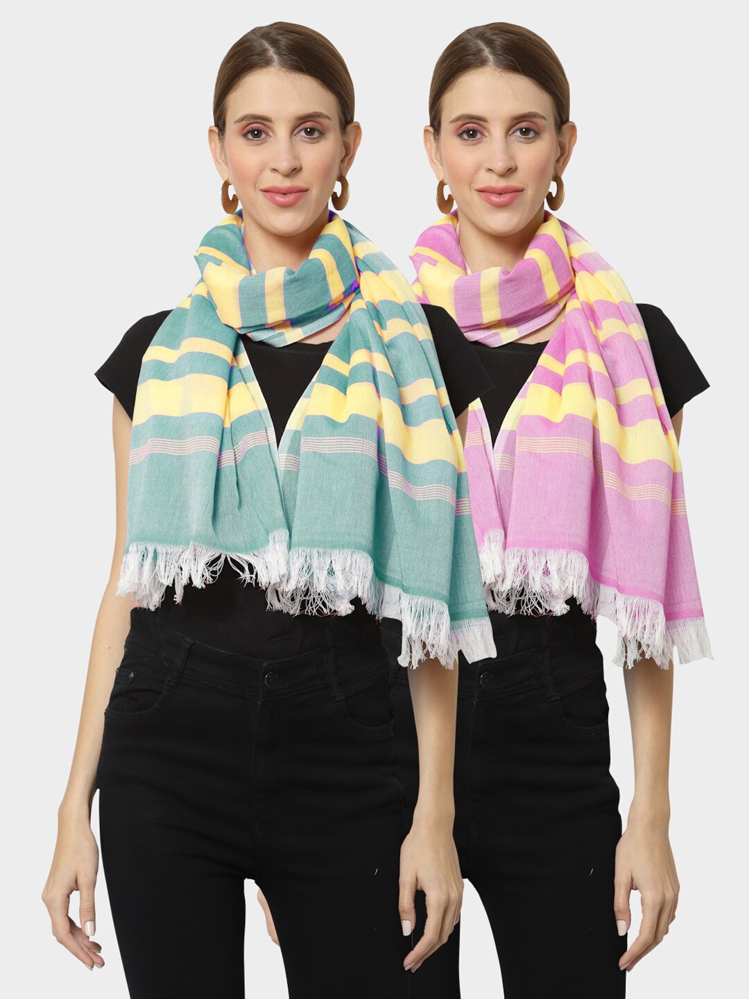 

KLOTTHE Set of 2 Pure Cotton Striped Stole, Green