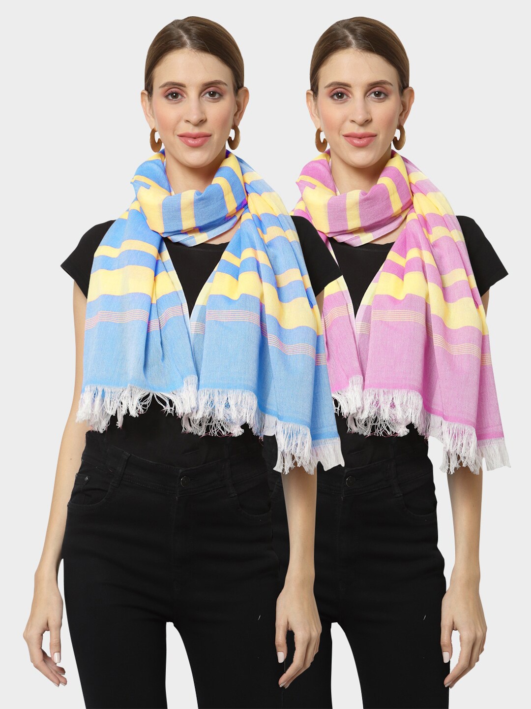 

KLOTTHE Set of 2 Pure Cotton Striped Stole, Blue