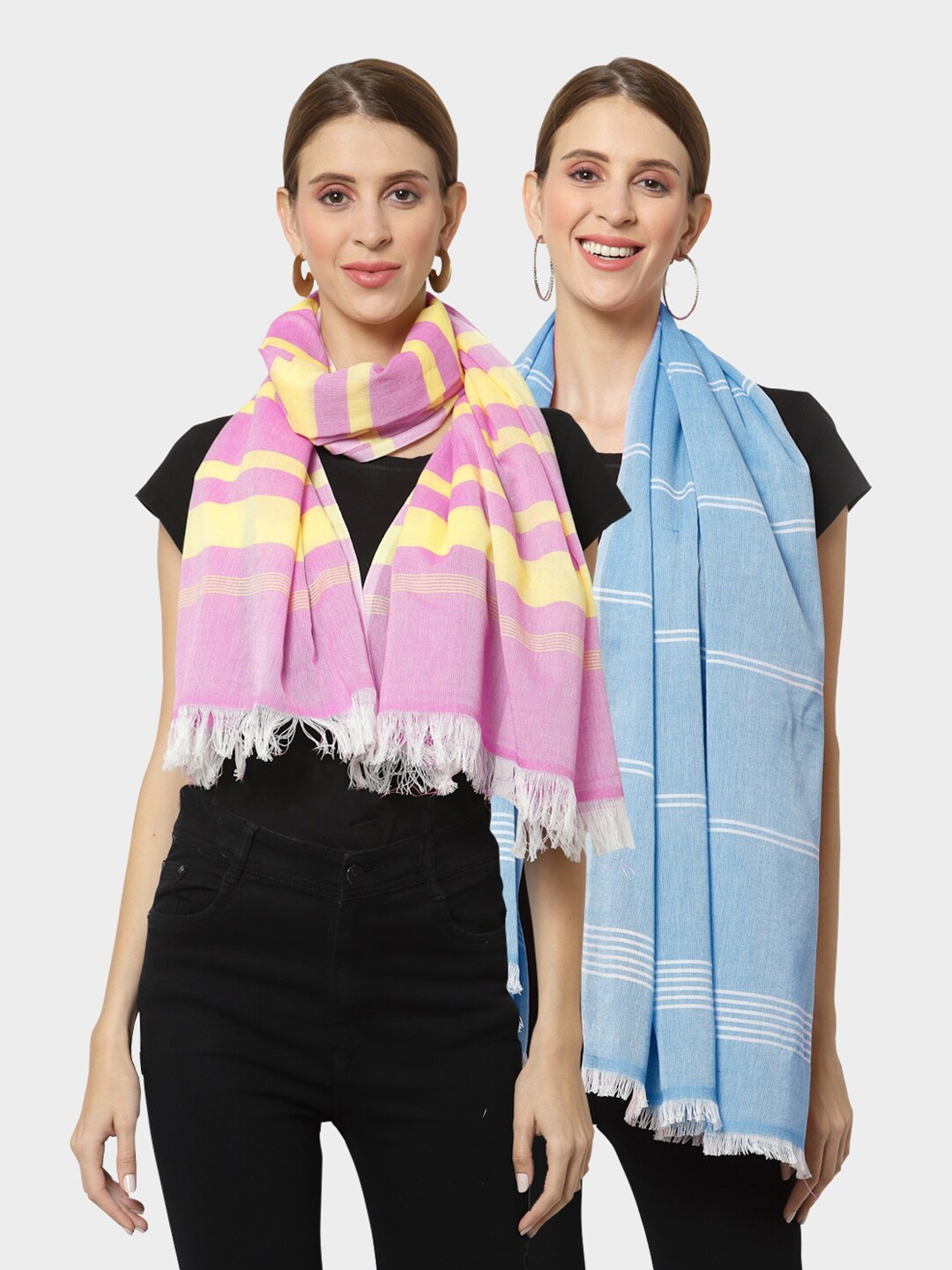 

KLOTTHE Set of 2 Pure Cotton Striped Stole, Purple