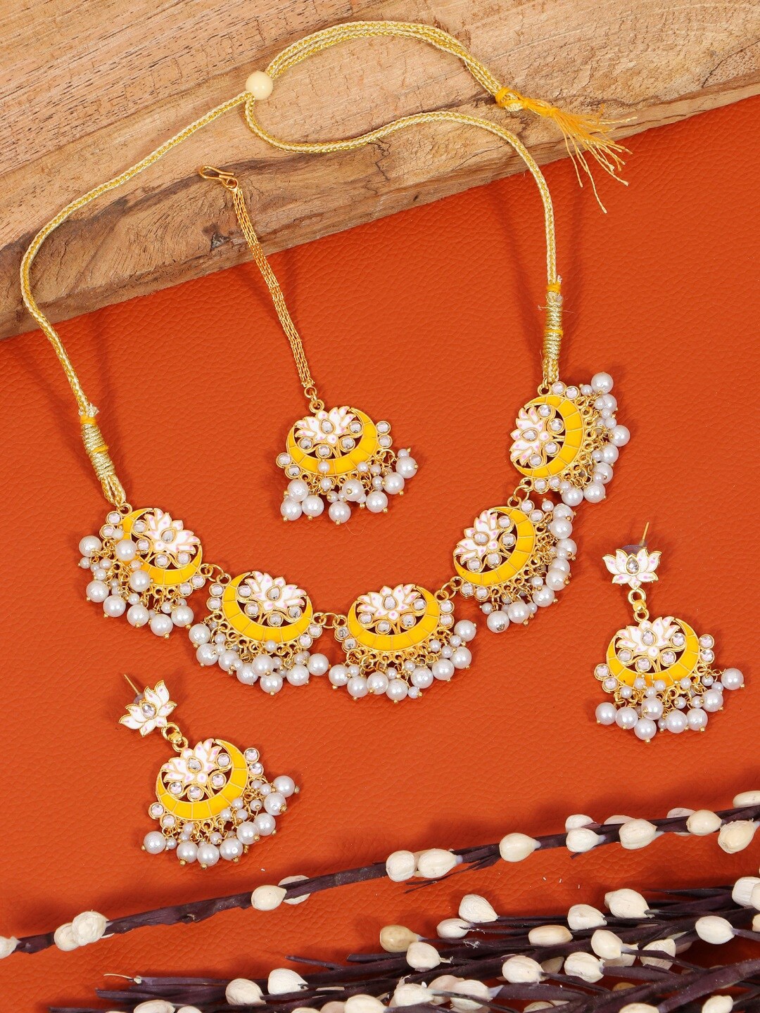 

Crunchy Fashion Gold-Plated Yellow & White Meenakari Jewellery Set