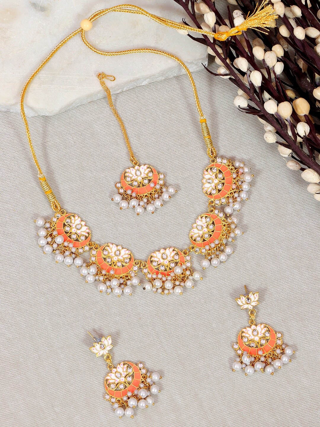 

Crunchy Fashion Gold-Plated Orange & White Meenakari Jewellery Set