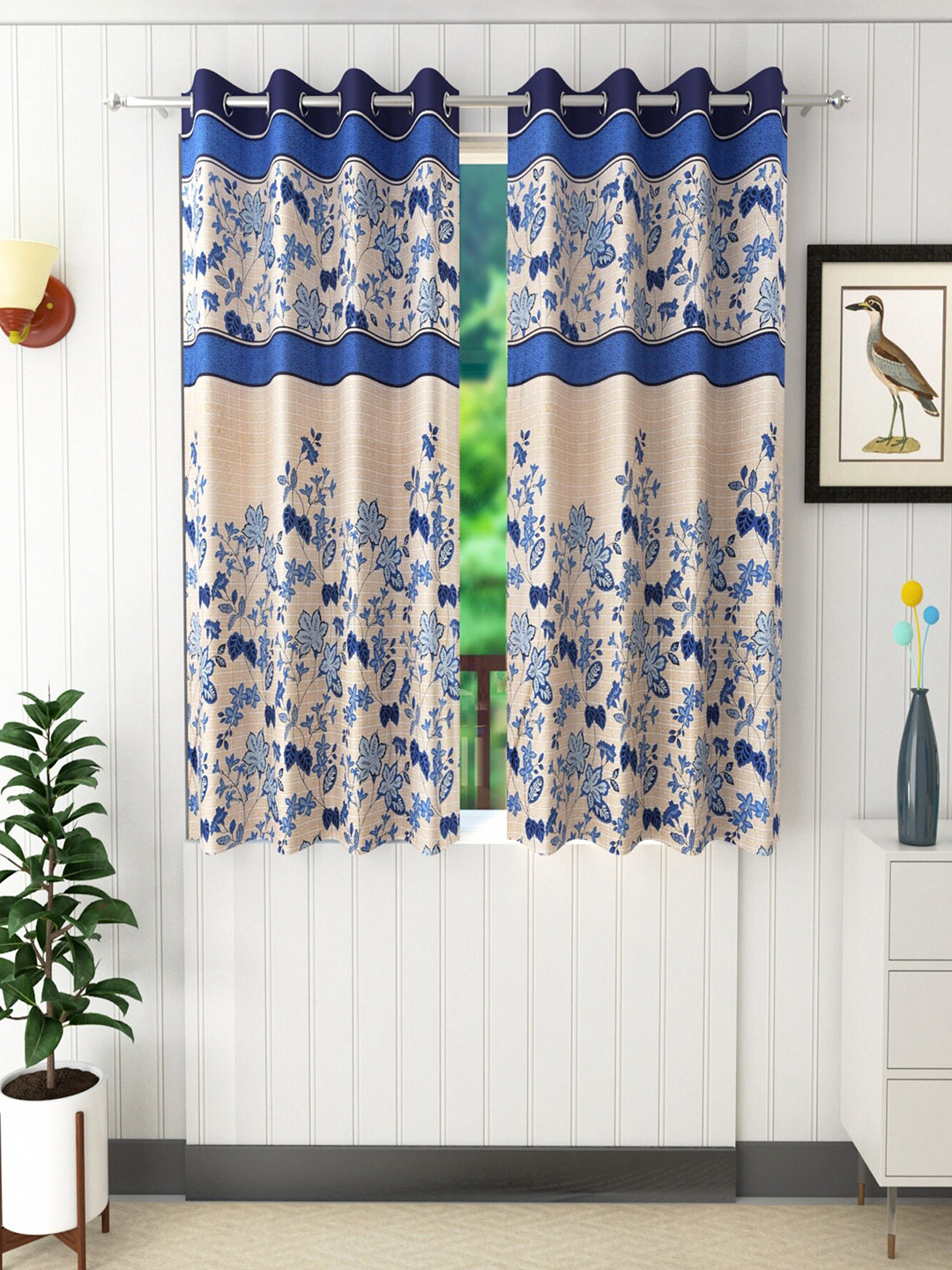

Homefab India Blue & Beige Set of 2 Floral Window Curtain