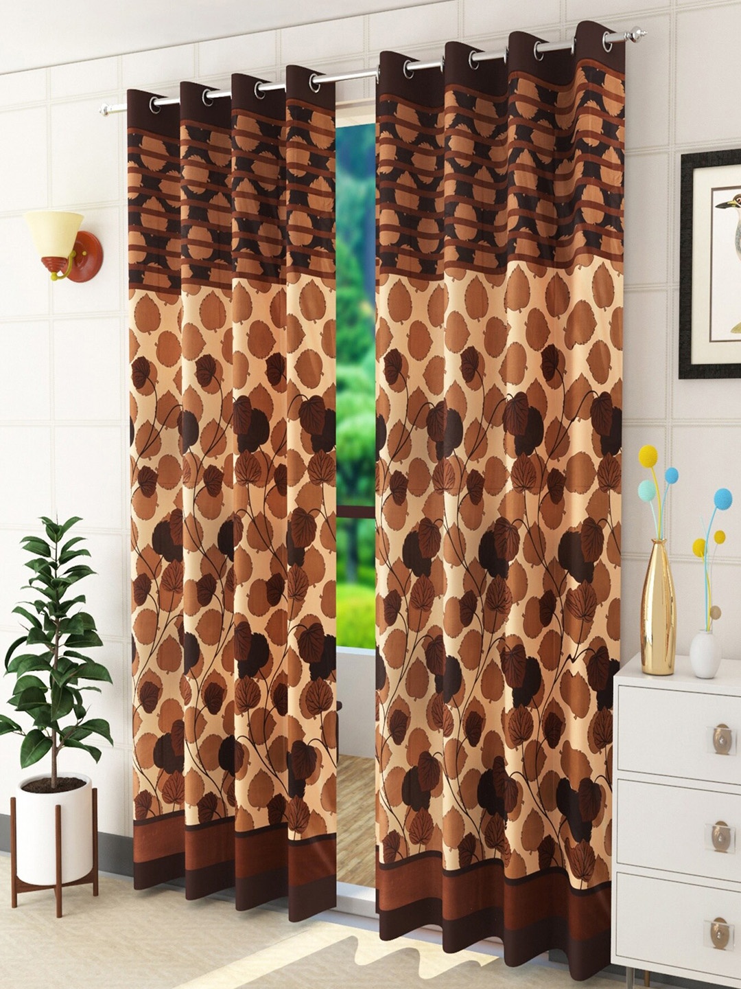 Homefab India Brown & Black Set of 2 Floral Long Door Curtain