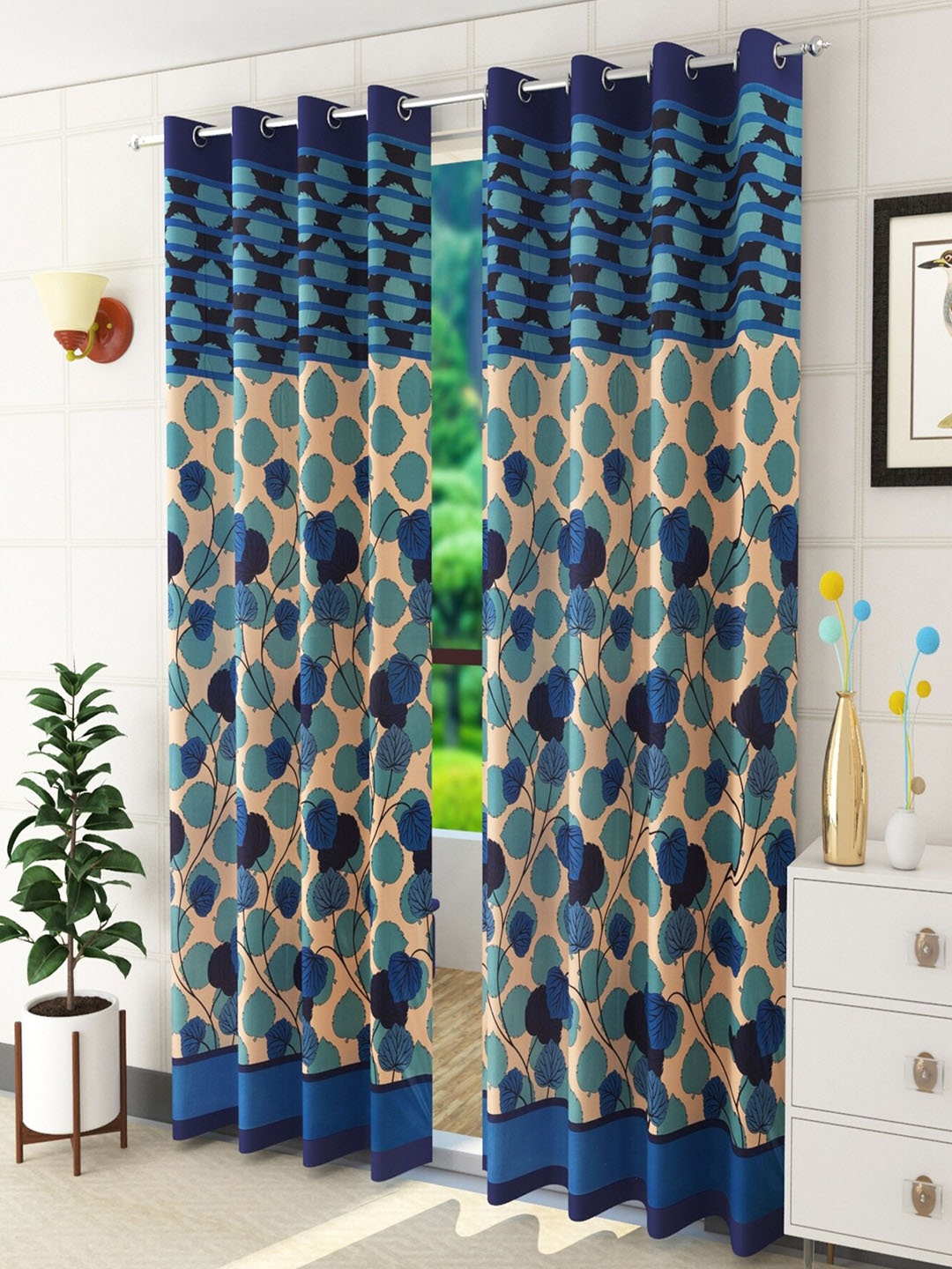 

Homefab India Blue & Black Set of 2 Floral Door Curtain