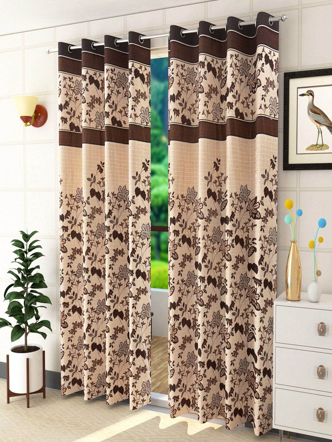 Homefab India Brown & Beige Set of 2 Floral Door Curtain