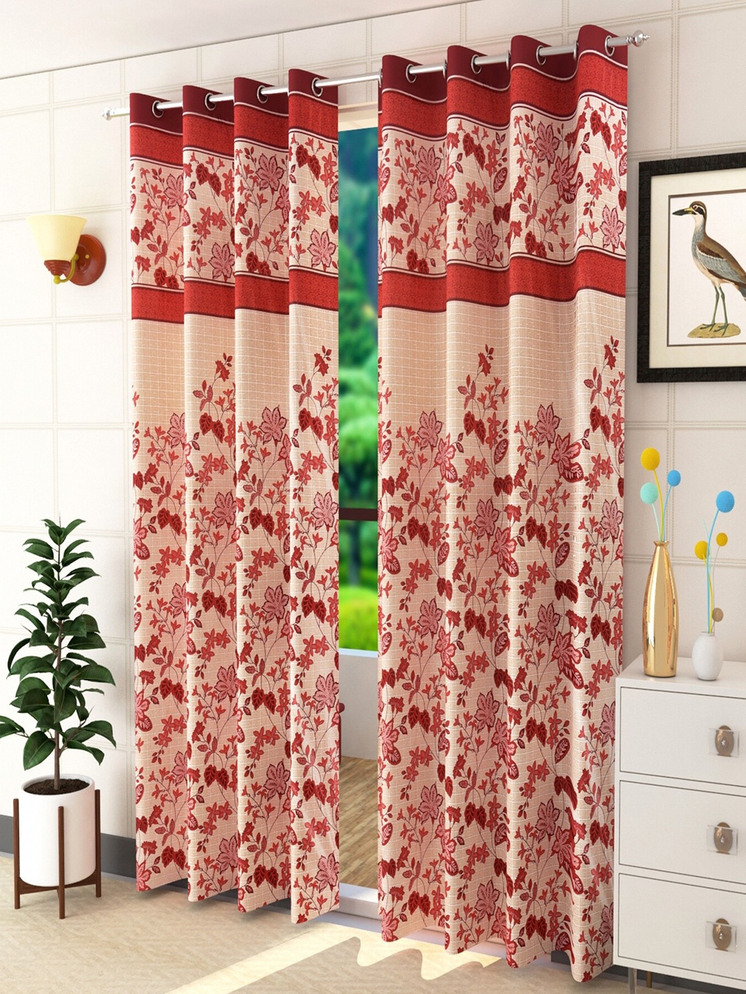 

Homefab India Maroon & Beige Set of 2 Floral Long Door Curtain