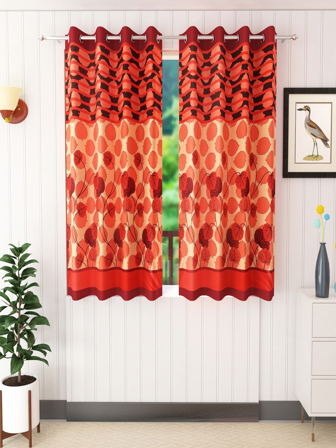 

Homefab India Maroon & Black Set of 2 Floral Window Curtain