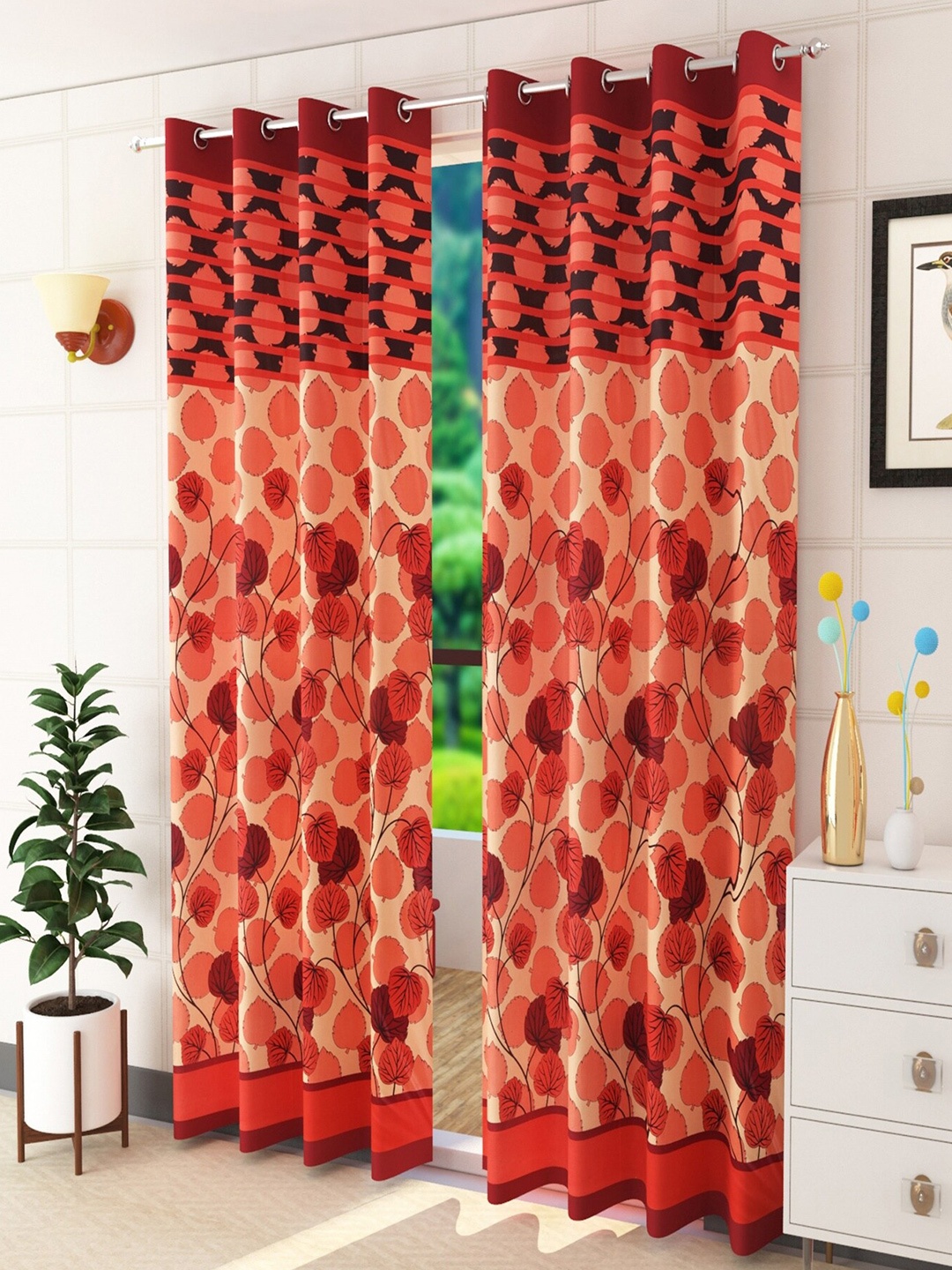 

Homefab India Maroon & Beige Set of 2 Floral Door Curtain