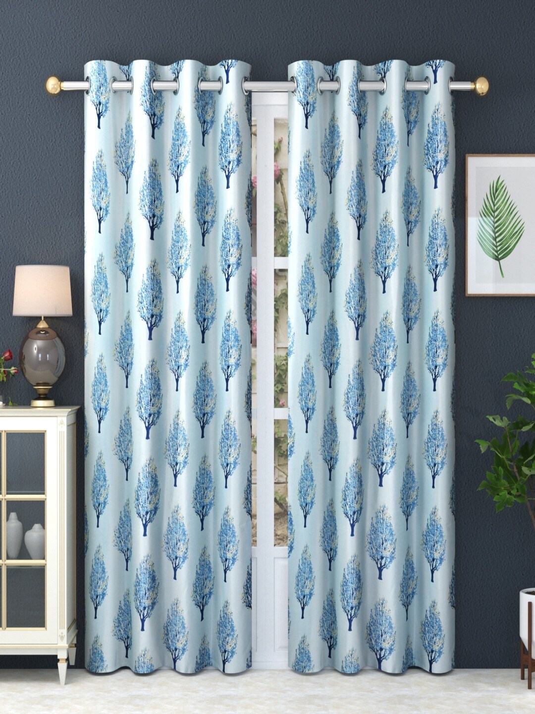 

Homefab India Blue Set of 2 Floral Long Door Curtain