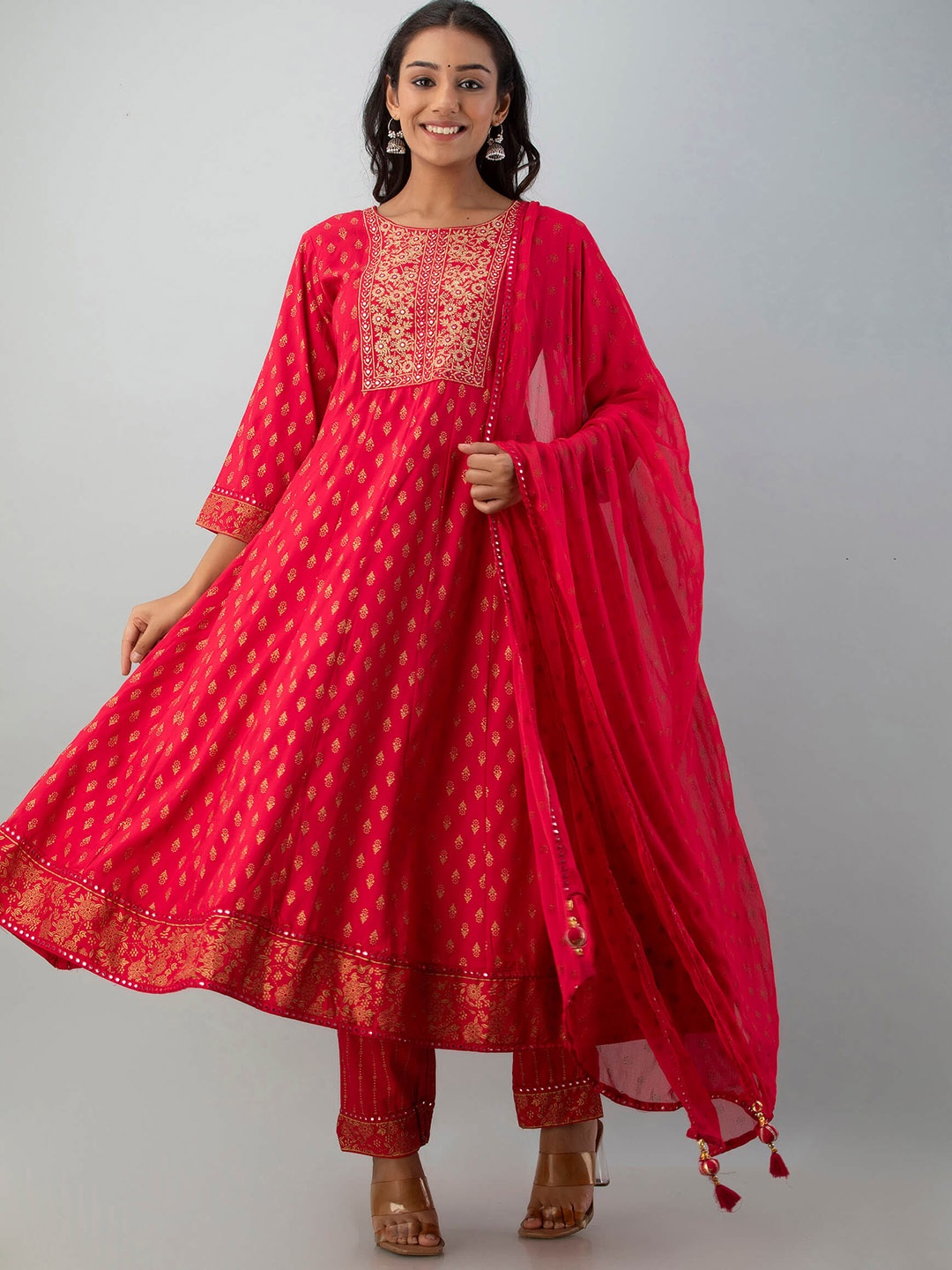 

Fusion Threads Women Red Yoke Design Panelled Mirror Work Kurti with Trousers & With Dupatta