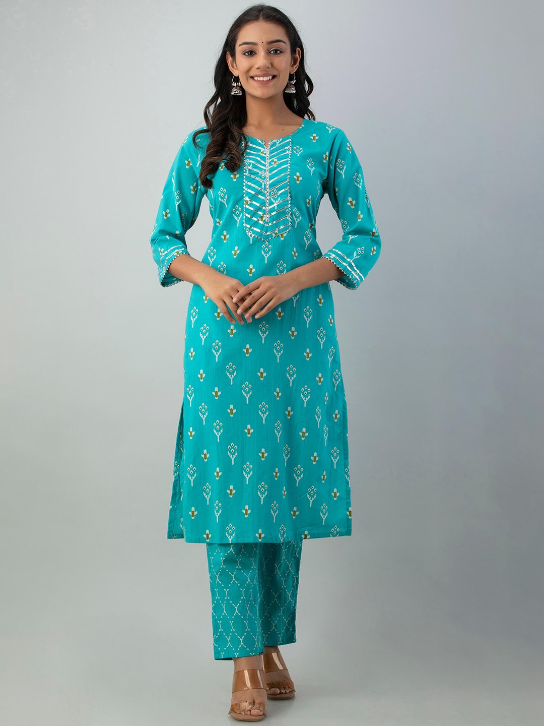 

Fusion Threads Women Teal Embroidered Empire Gotta Patti Pure Cotton Kurti with Trousers