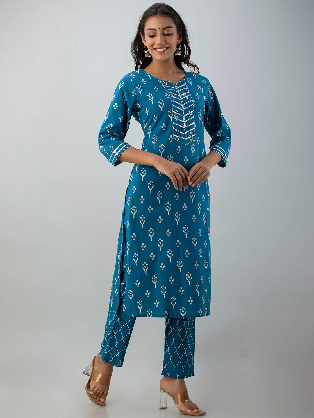 

Fusion Threads Women Blue Floral Embroidered Empire Pure Cotton Kurti with Trousers