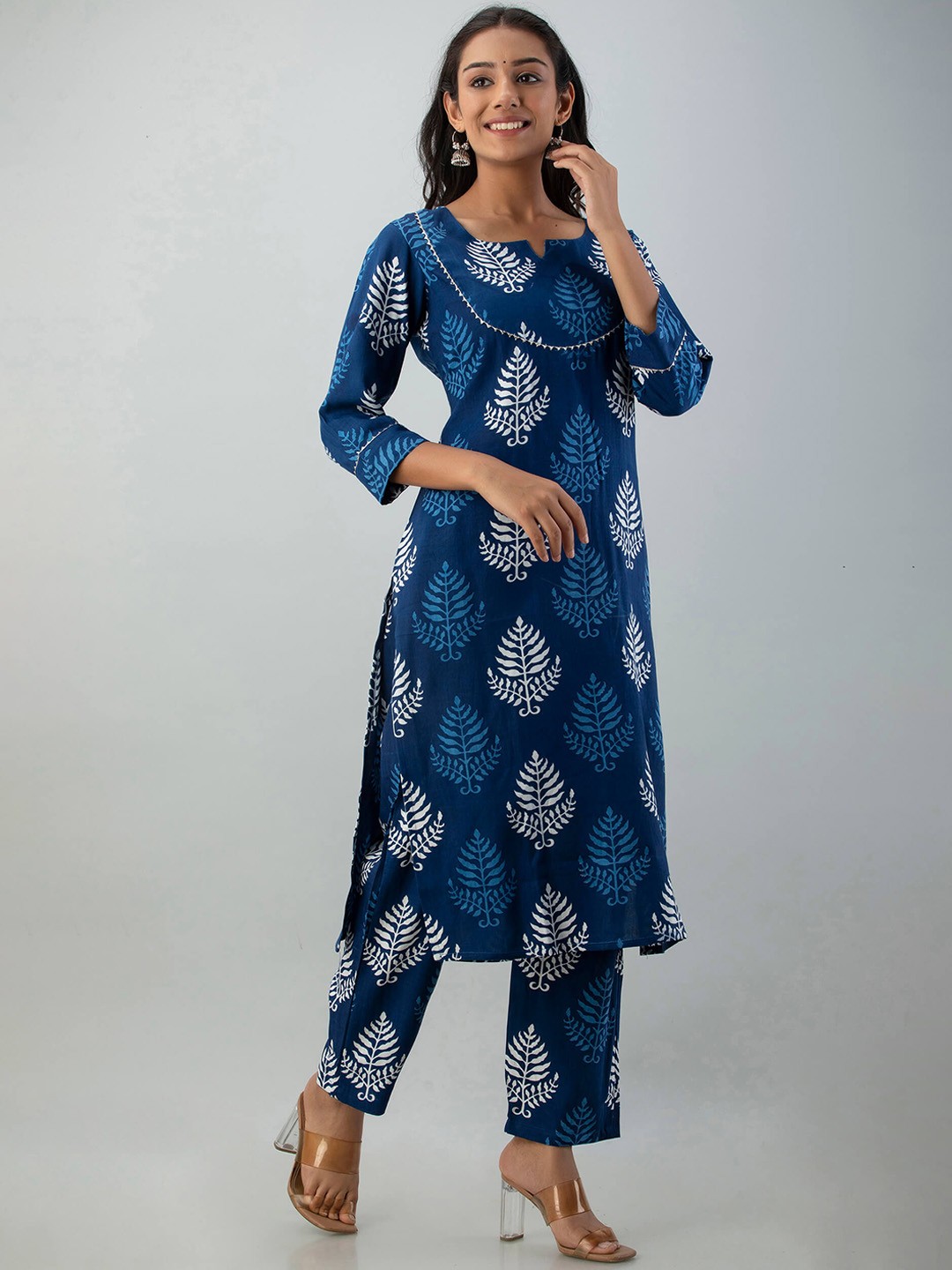 

Fusion Threads Women Blue Ethnic Motifs Embroidered Panelled Gotta Patti Pure Cotton Kurti with Trousers &