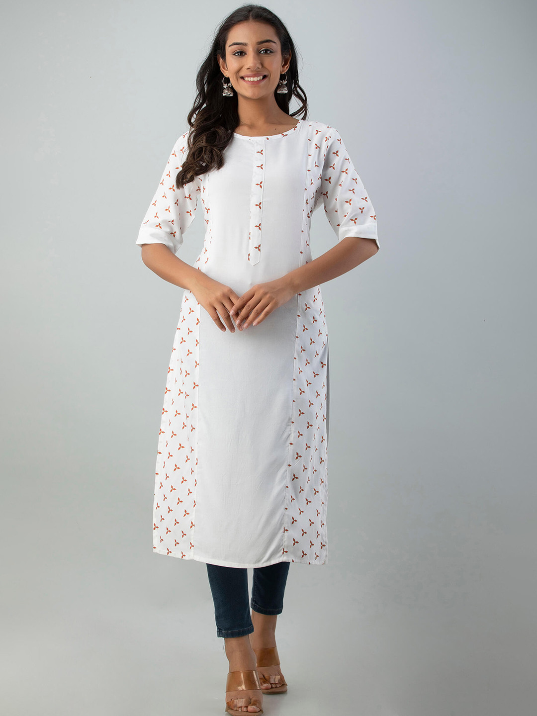 

Fusion Threads Women White Geometric Embellished Flared Sleeves Kurta