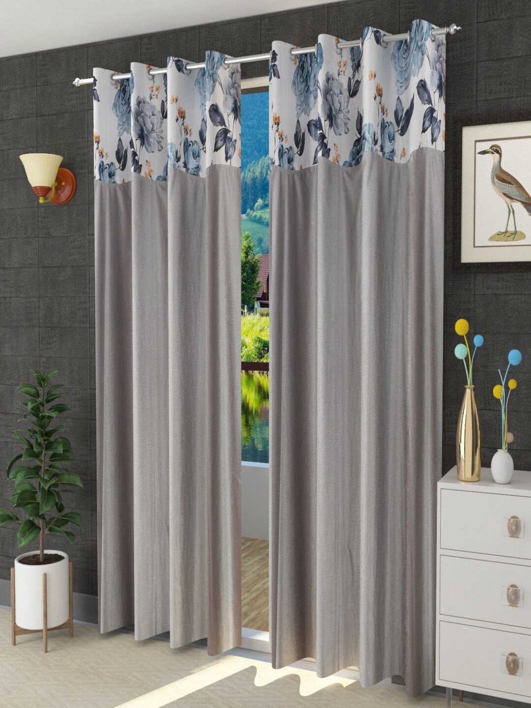 

Homefab India Grey Set of 2 Floral Long Door Curtain