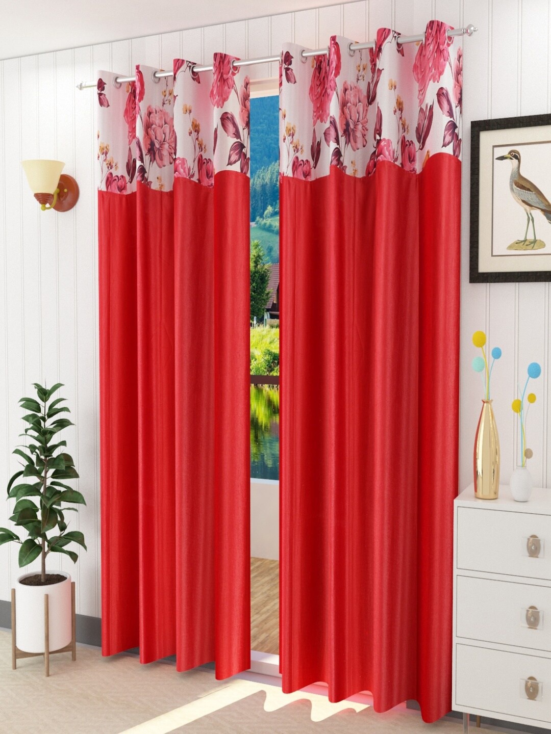 

Homefab India Maroon & White Set of 2 Floral Long Door Curtain