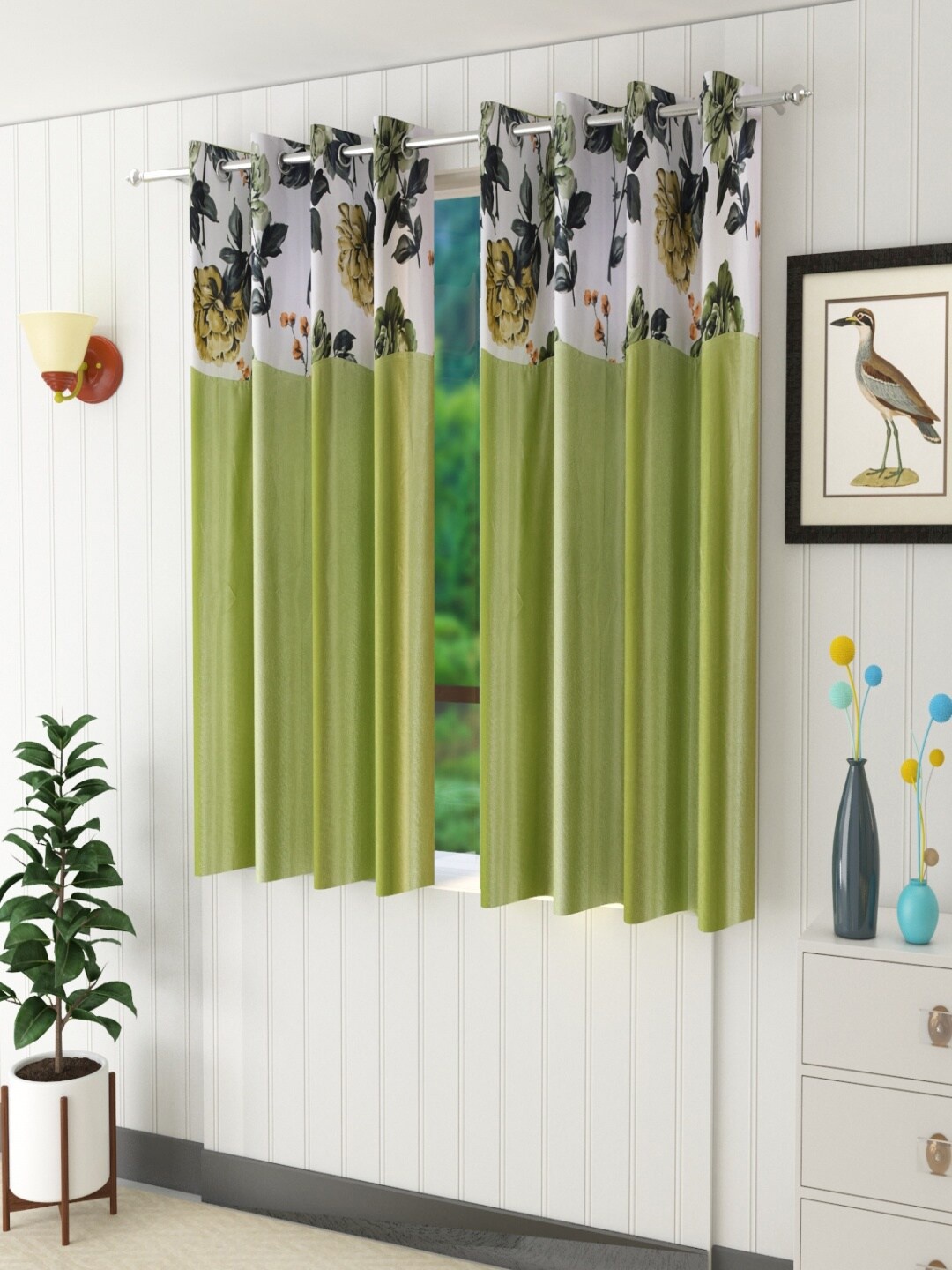 

Homefab India Green & White Set of 2 Floral Window Curtain