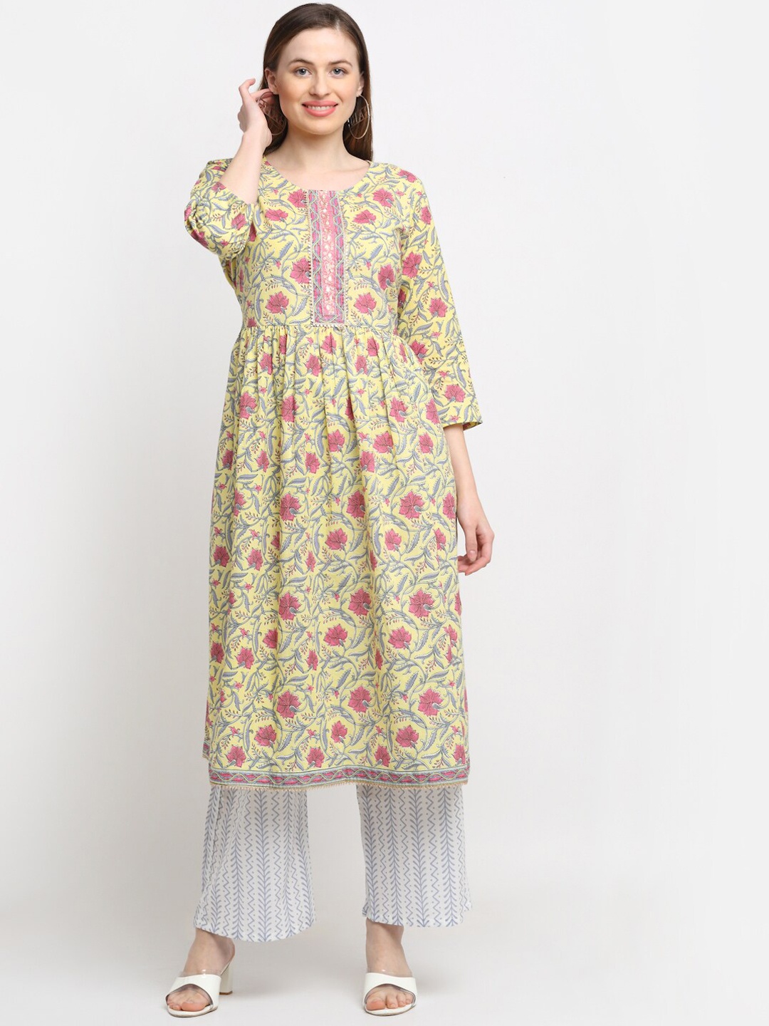 

KALINI Women Mustard Yellow Floral Printed Aari Work Cotton Kurta with Palazzo & Dupatta