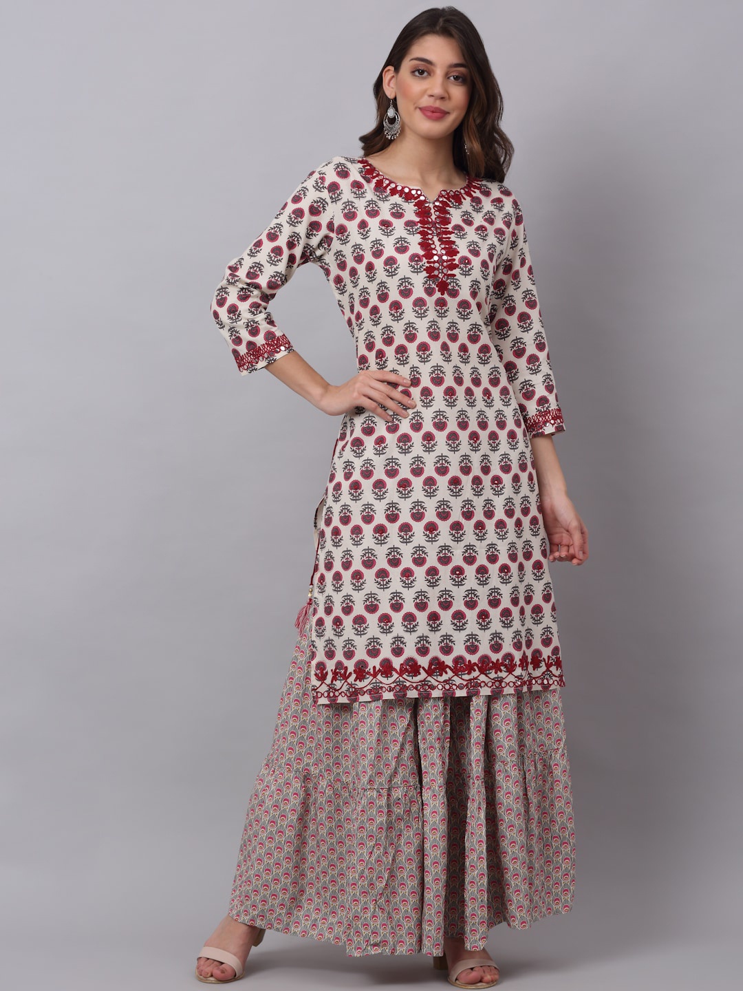 

KALINI Women Cream-Coloured Ethnic Motifs Printed Thread Work Kurta with Skirt