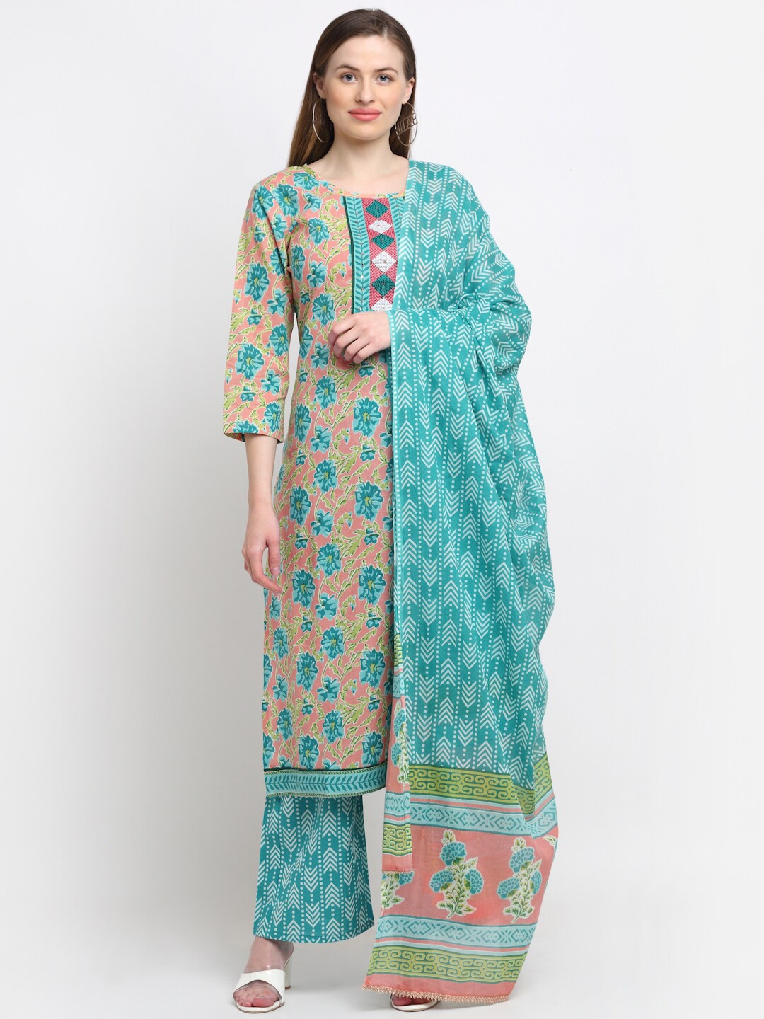 

KALINI Women Beige Ethnic Motifs Printed Pleated Aari Work Pure Cotton Kurta with Palazzos & With Dupatta
