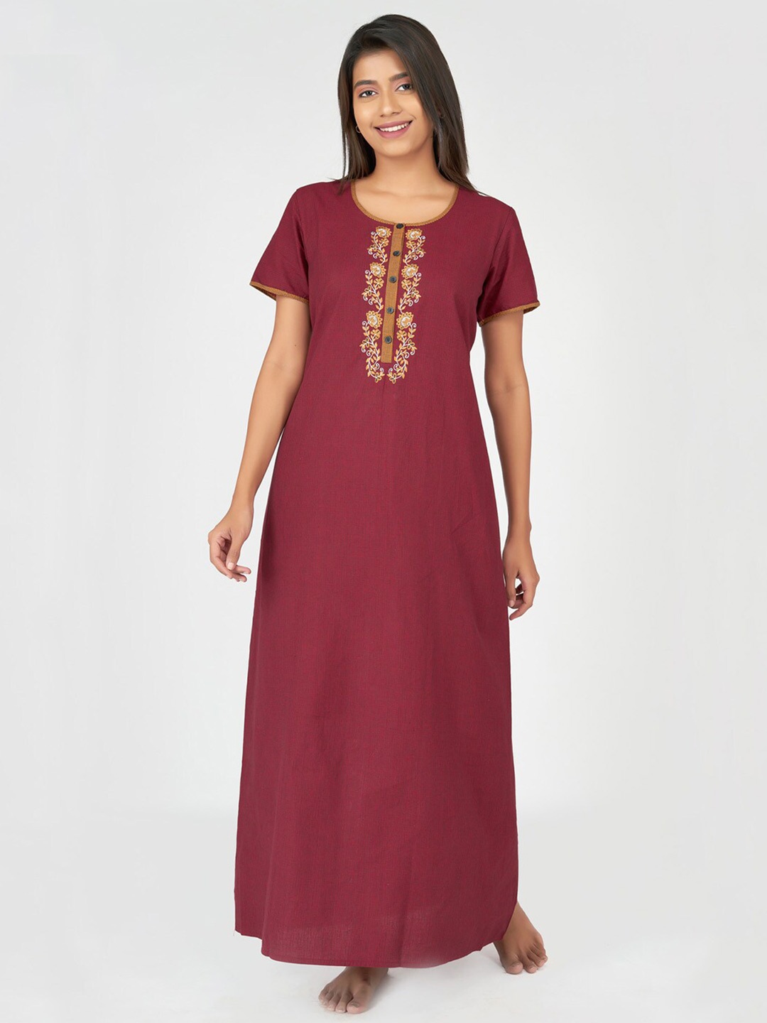 

Maybell Maroon Printed Maxi Nightdress