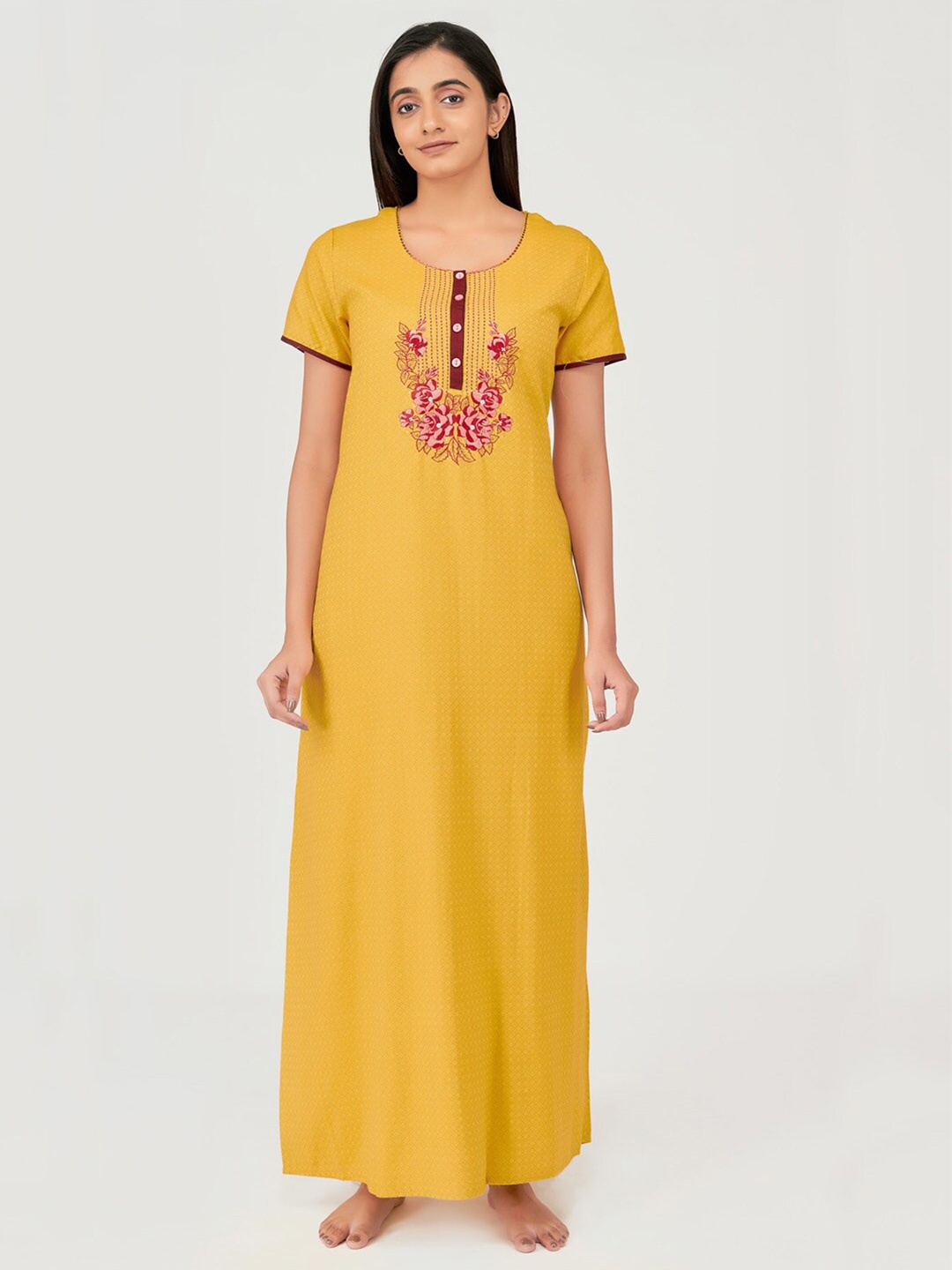 

Maybell Yellow Embroidered Maxi Nightdress