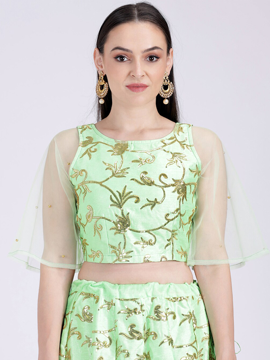

studio rasa Green Floral Print Net Crop Top
