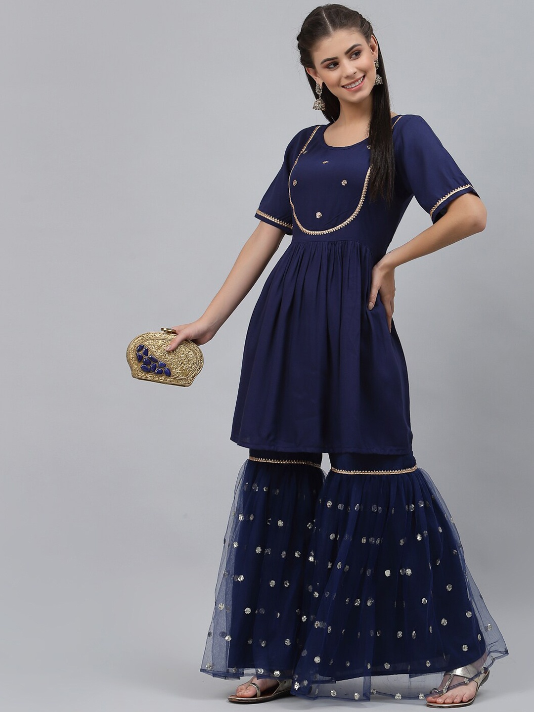 

studio rasa Women Navy Blue Sequinned Kurti with Sharara