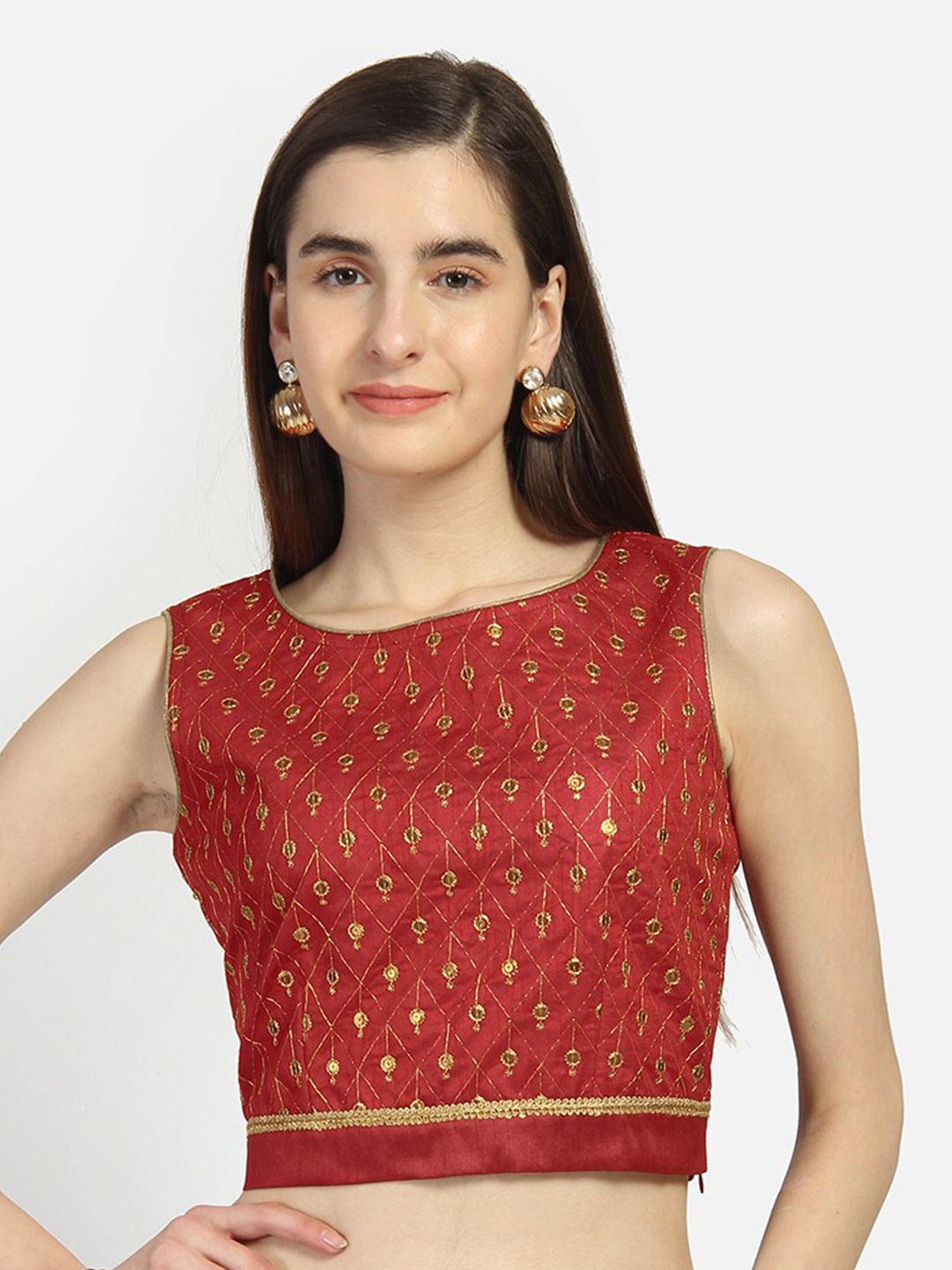 

studio rasa Maroon Embroidered Back Tie Crop Top